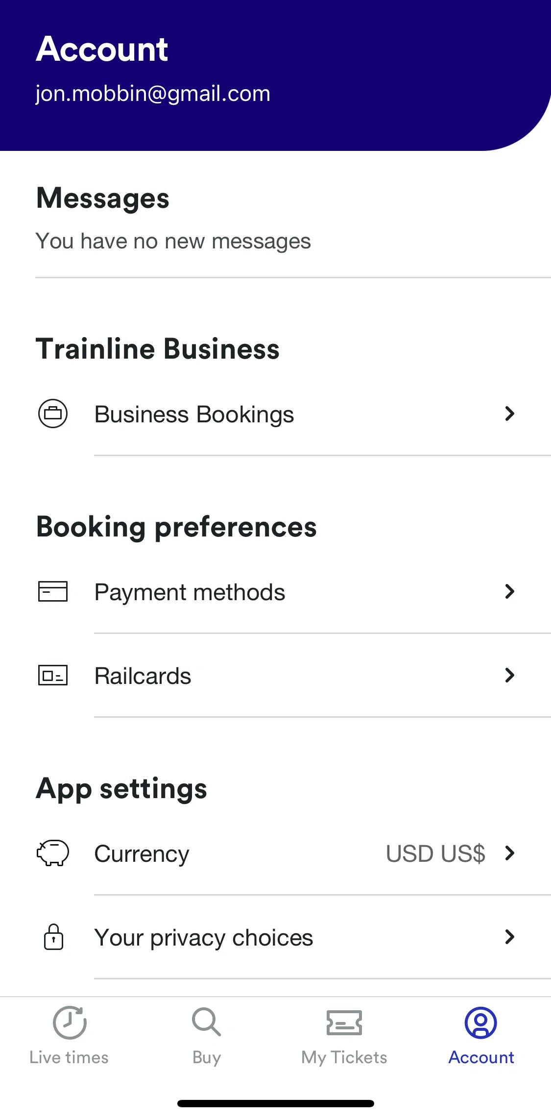 Trainline Screen screen in the Currency flow