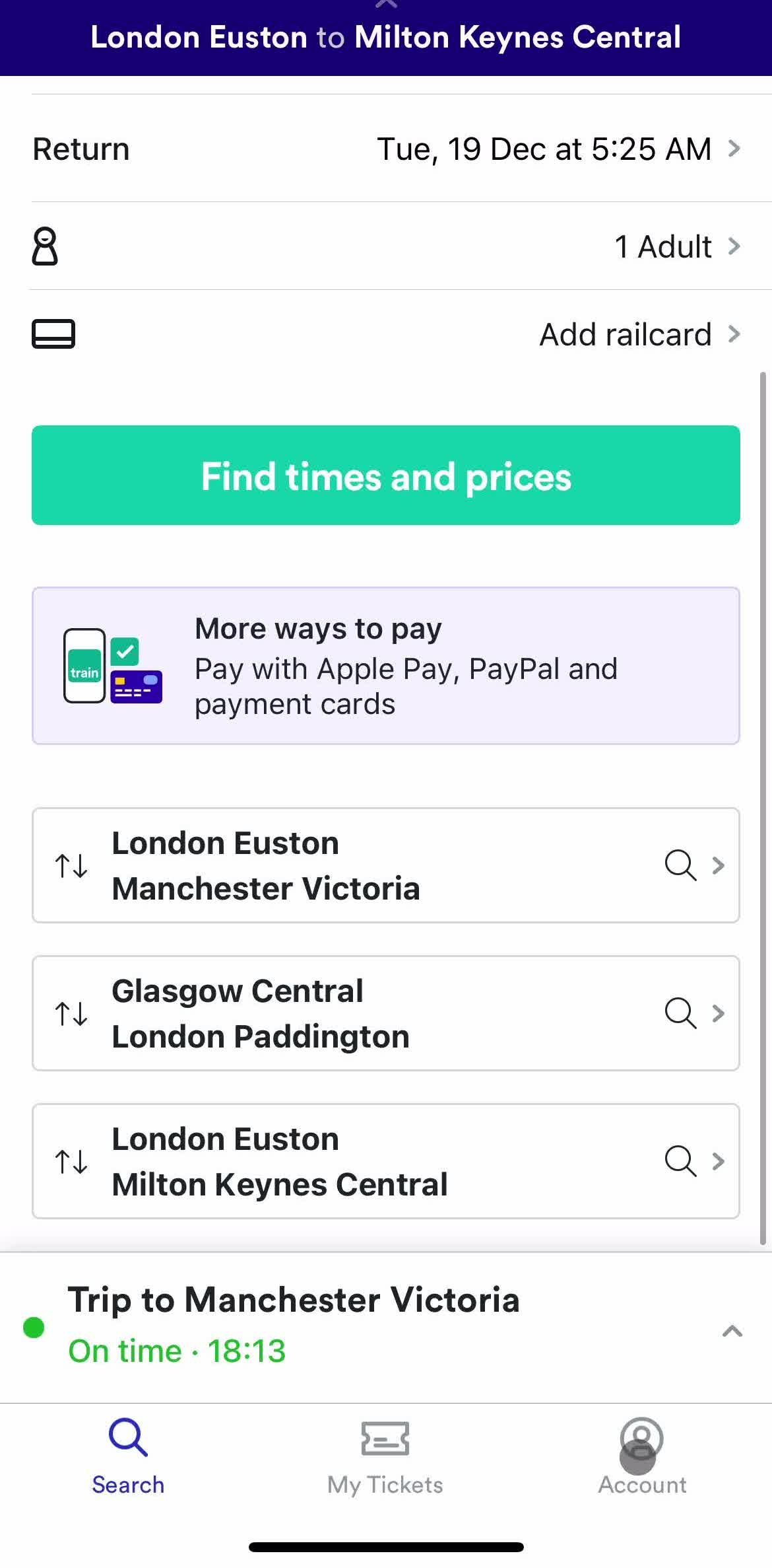 Trainline Home screen in the Deleting Your Account flow
