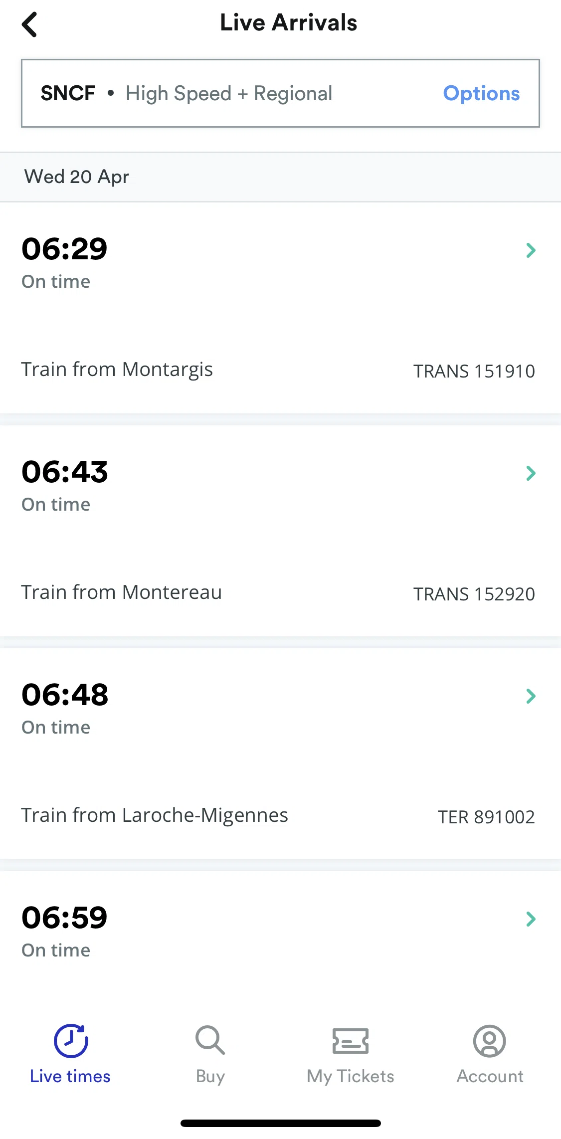 Trainline Screen screen in the Filtering live arrivals flow