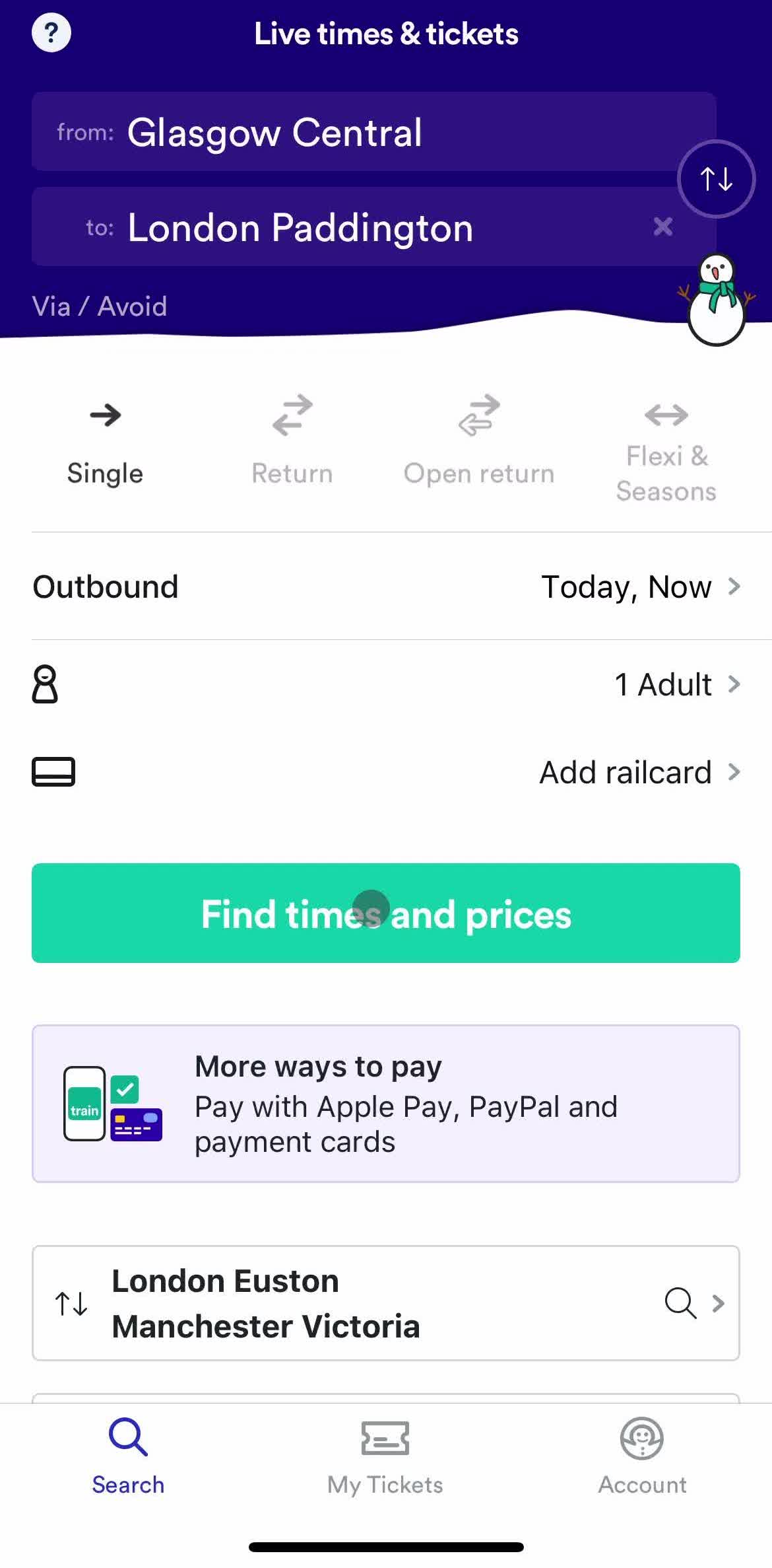 Trainline Home screen in the Filtering flow