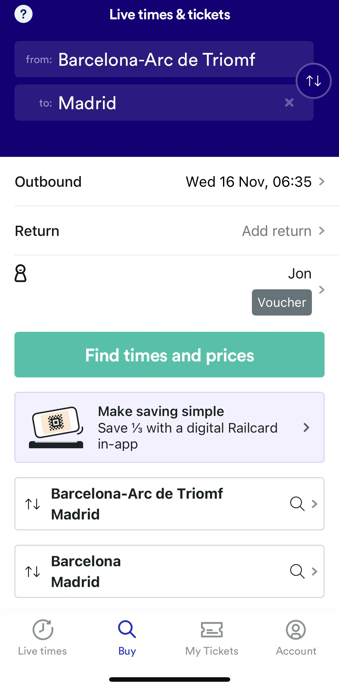 Trainline Screen screen in the Finding times and prices flow