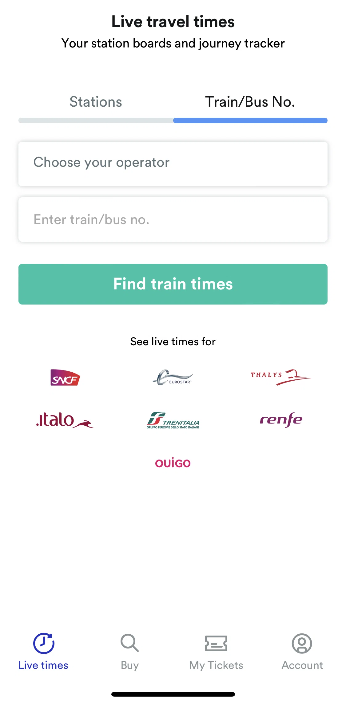 Trainline Screen screen in the Finding train times flow