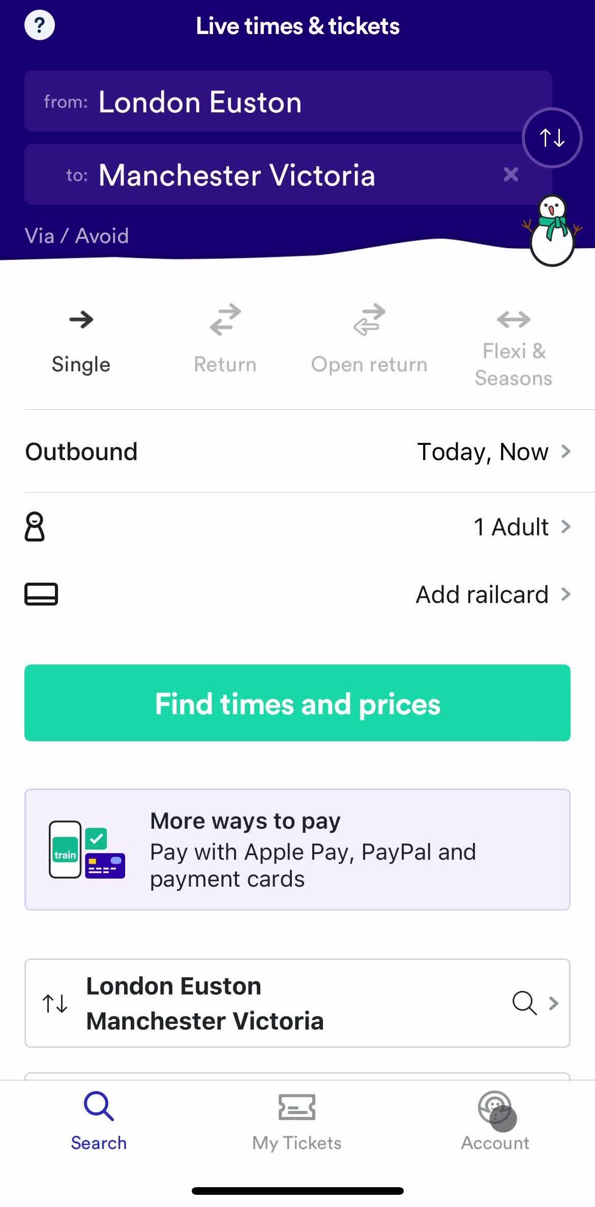 Trainline Home screen in the Help Center flow