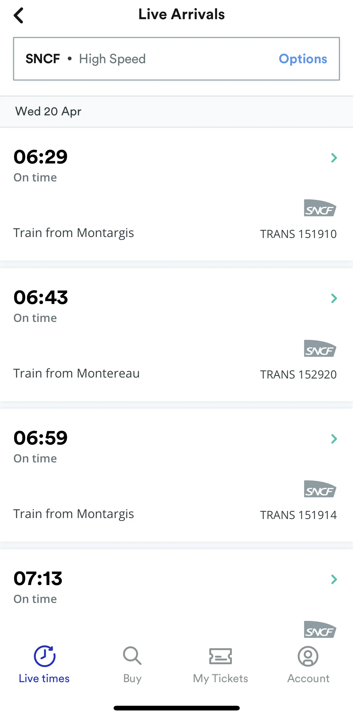 Trainline Screen screen in the Journey tracker flow