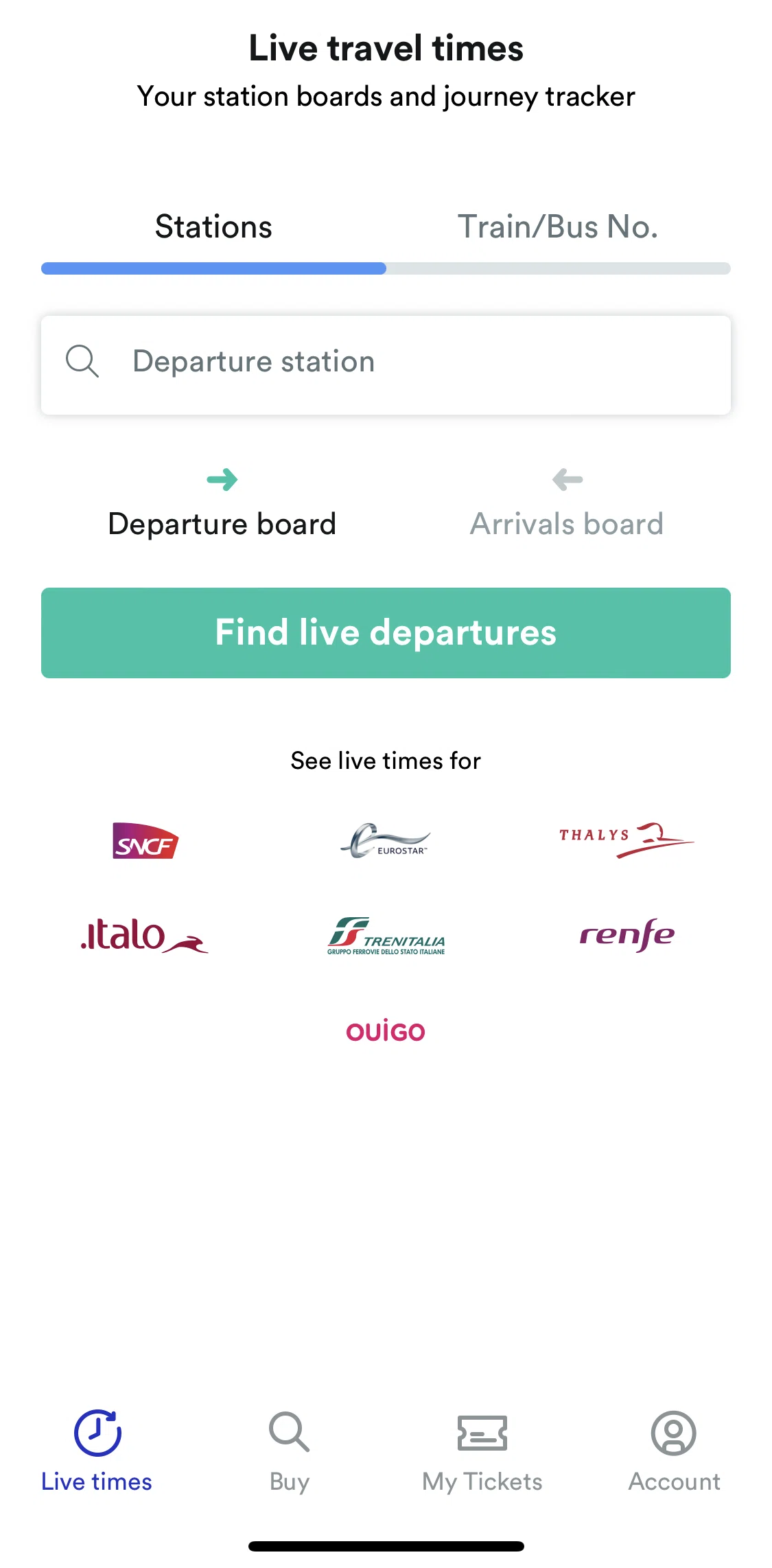 Trainline Screen screen in the Live times flow