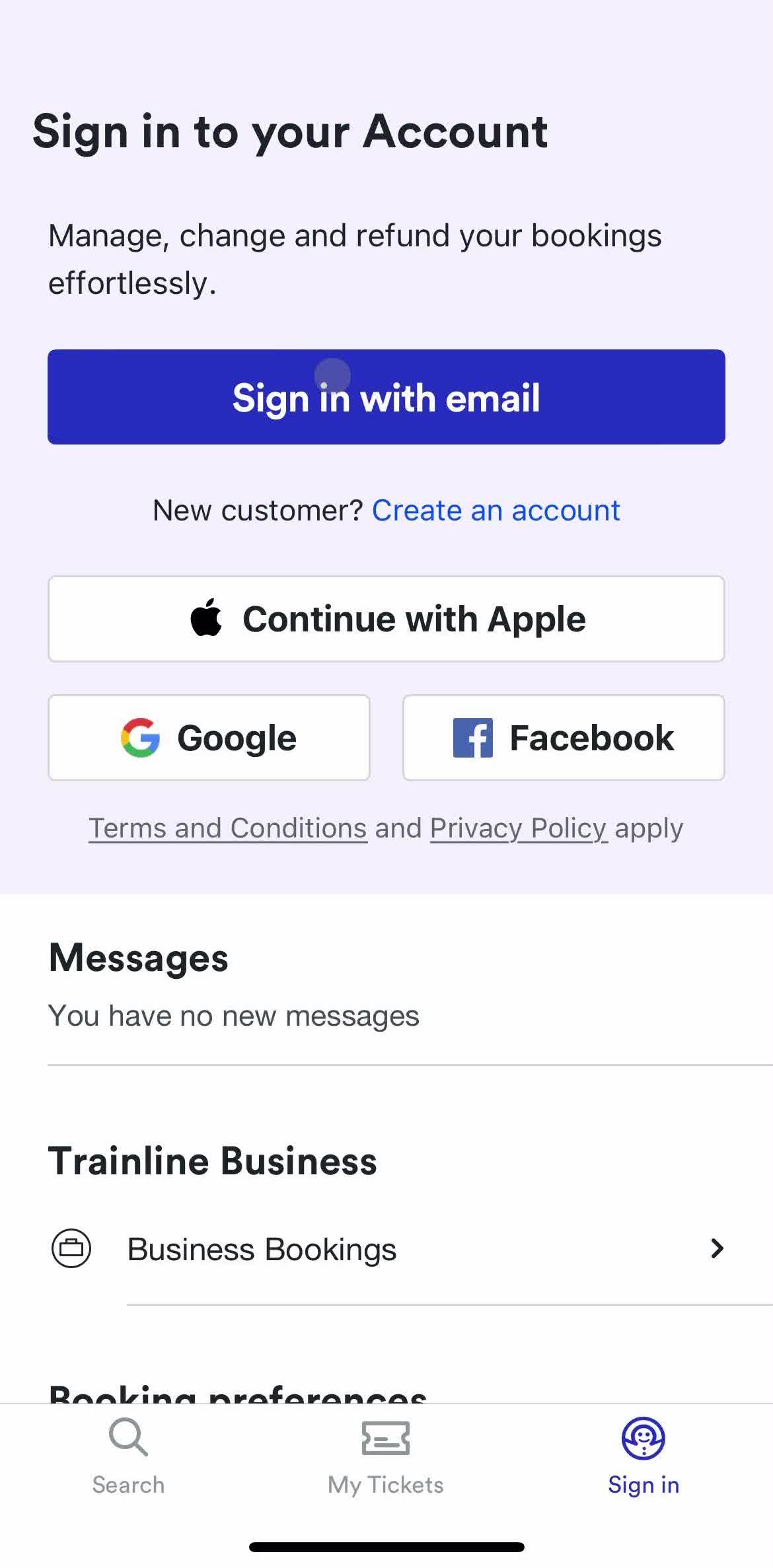 Trainline Sign in screen in the Logging In flow