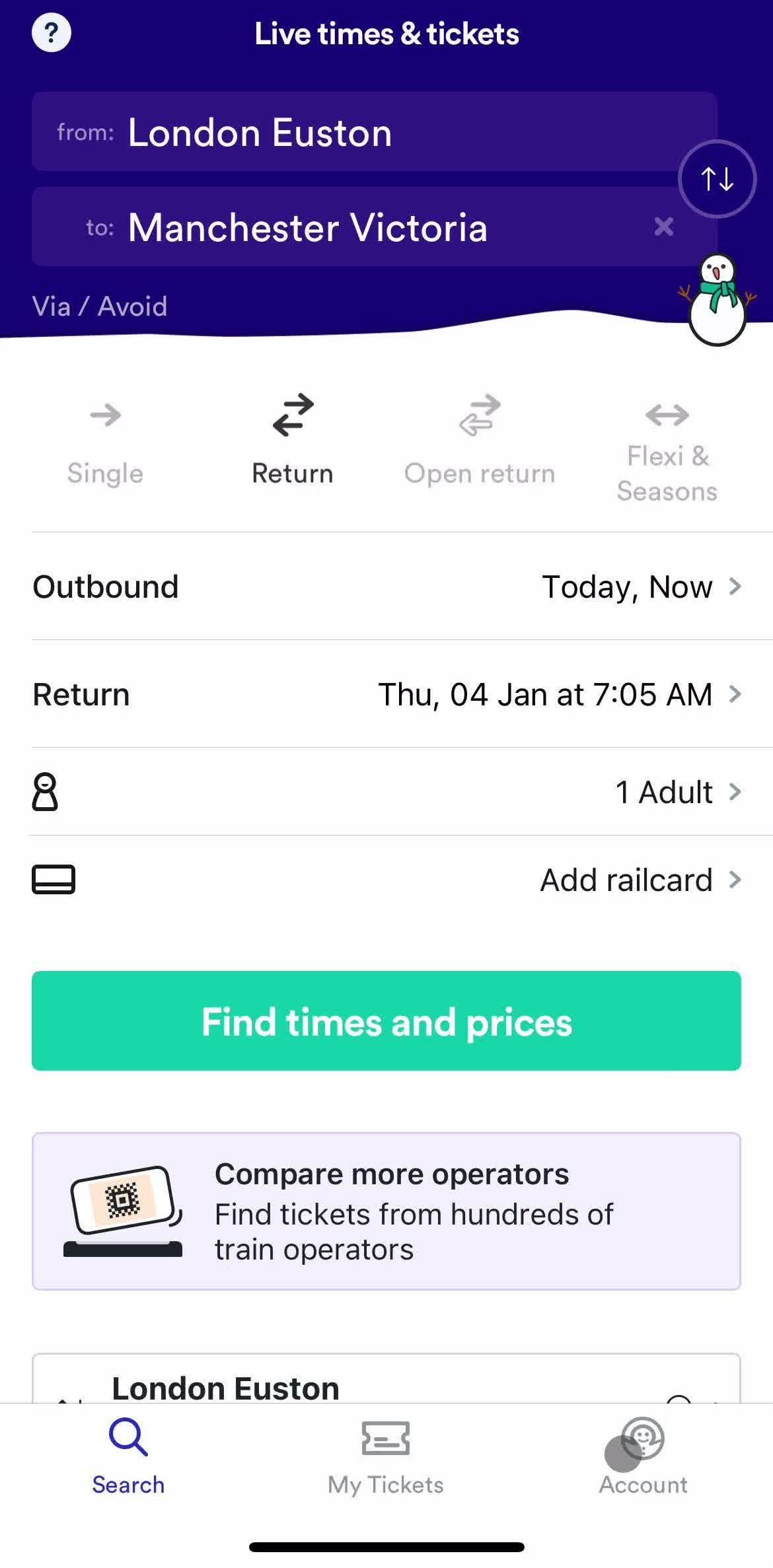 Trainline Home screen in the Logging Out flow