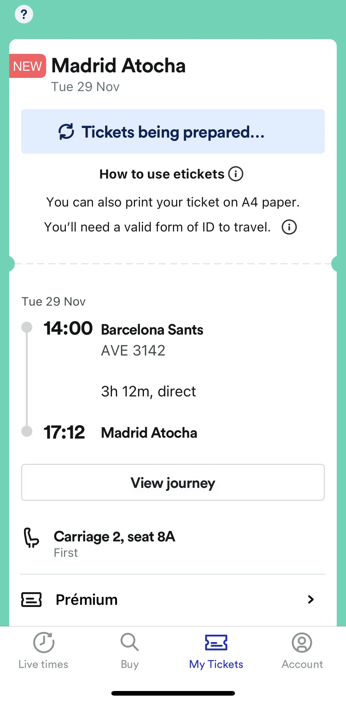 Trainline Screen screen in the My tickets flow