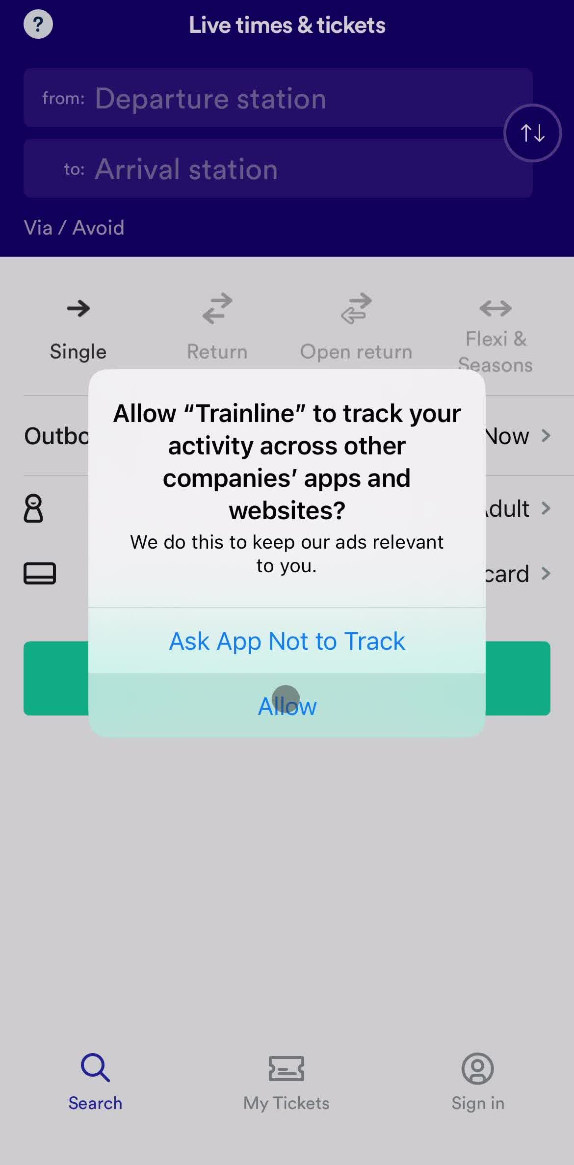 Trainline Enable tracking screen in the Onboarding flow