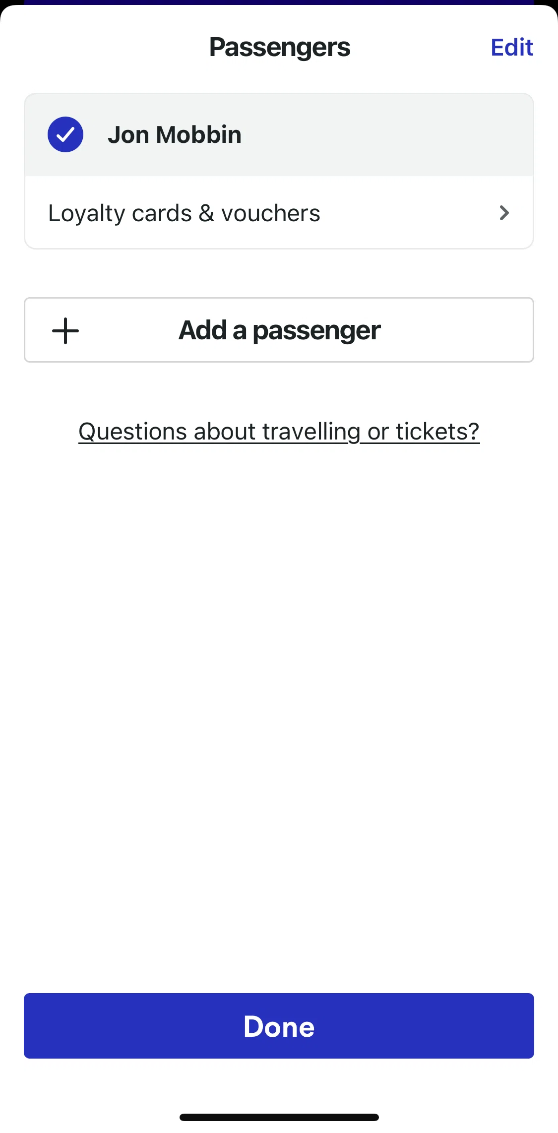 Trainline Screen screen in the Questions about travelling or tickets flow
