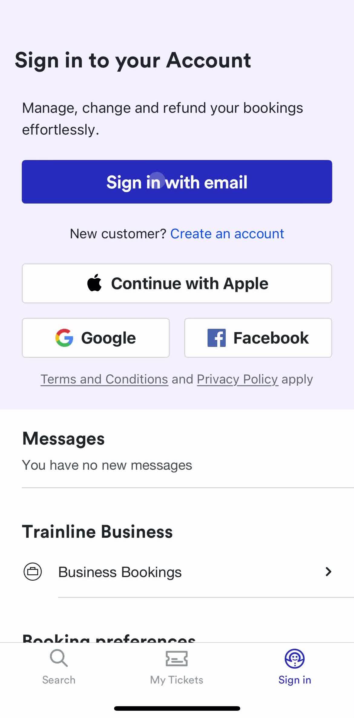 Trainline Sign in screen in the Resetting Password flow