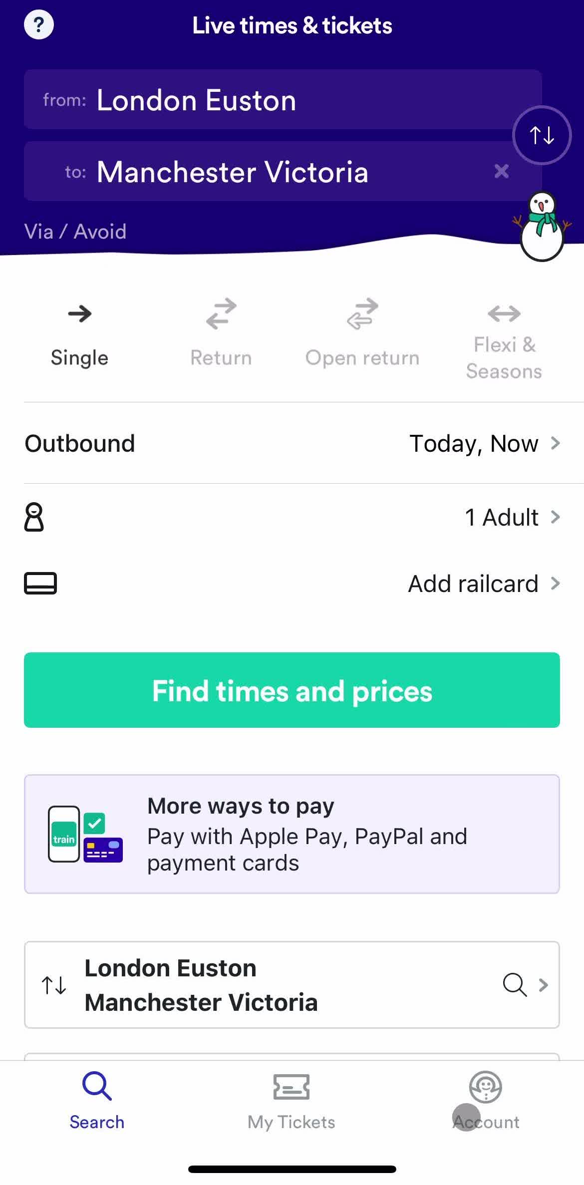 Trainline Home screen in the Settings flow
