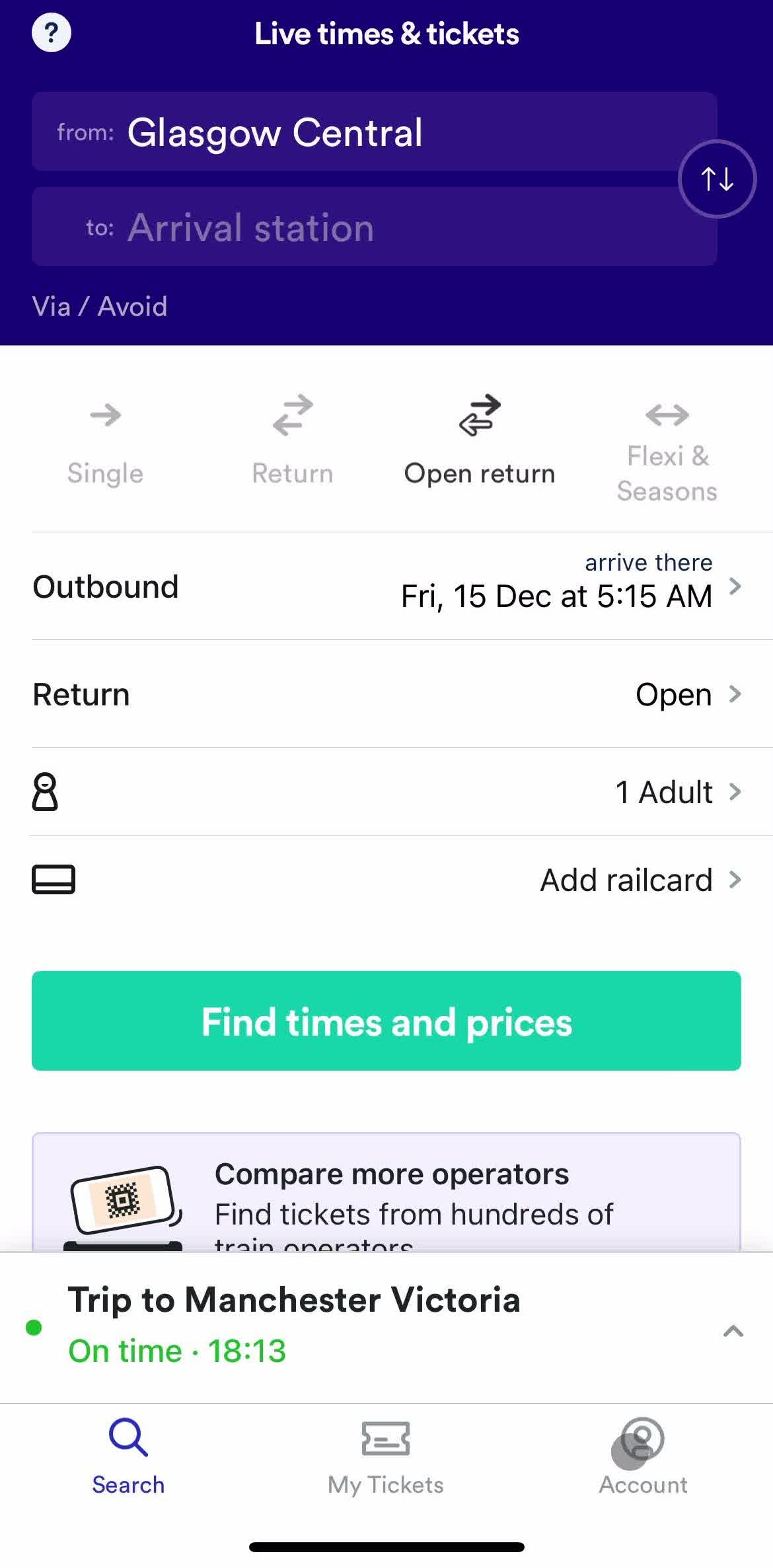 Trainline Home screen in the Updating Your Profile flow