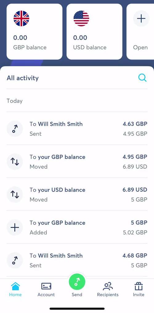 Transferwise Home screen in the Activity Feed flow
