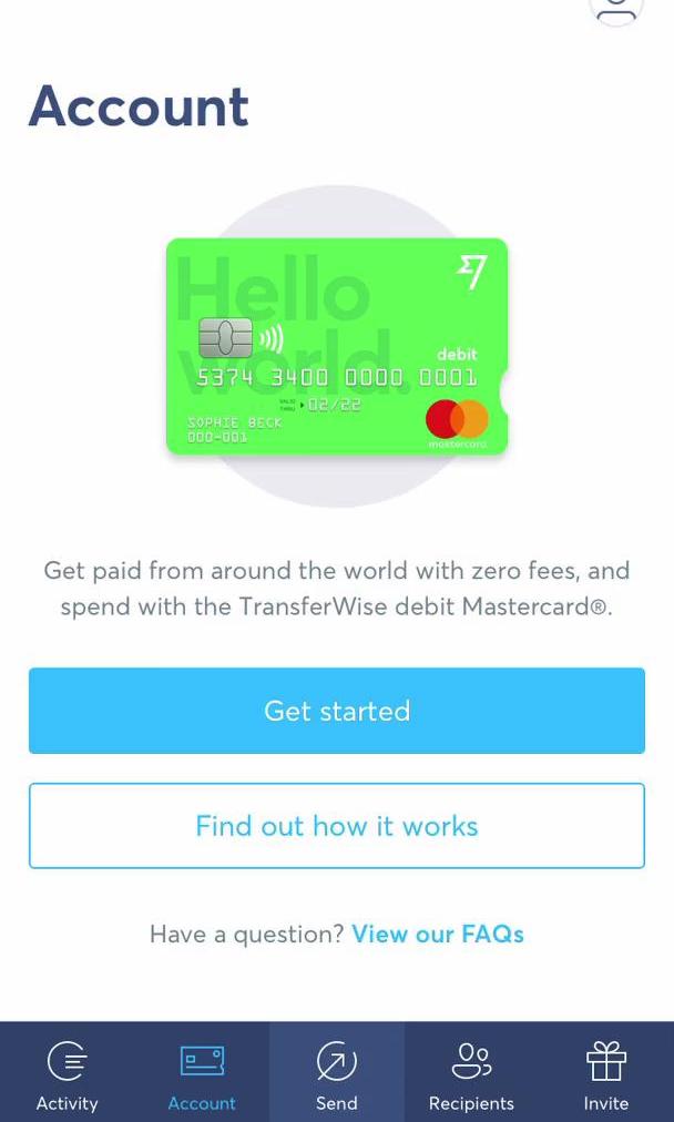 Transferwise Screen screen in the Applying For A Bank Account flow