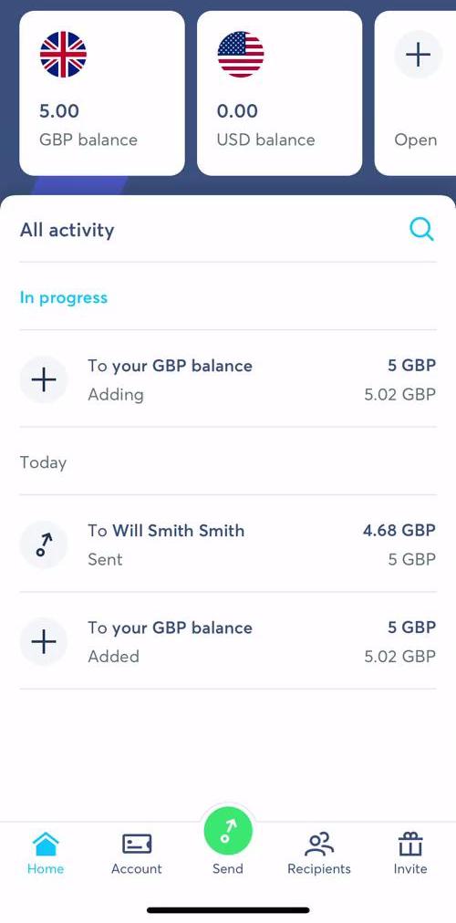 Transferwise Home screen in the Converting Currency flow