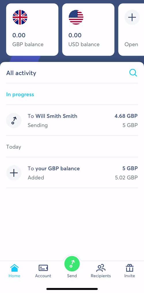 Transferwise Home screen in the Depositing Funds flow