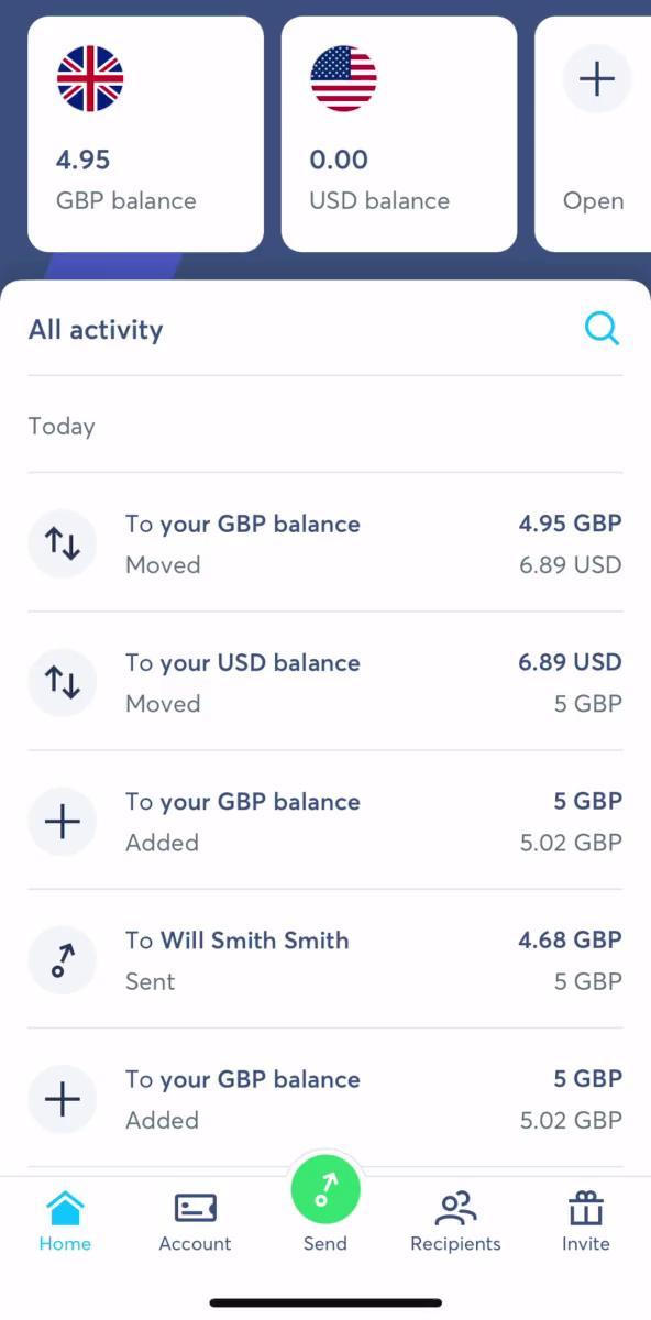 Transferwise Home screen in the Sending Currency flow