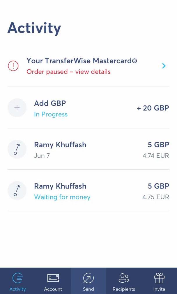 Transferwise Screen screen in the Settings flow