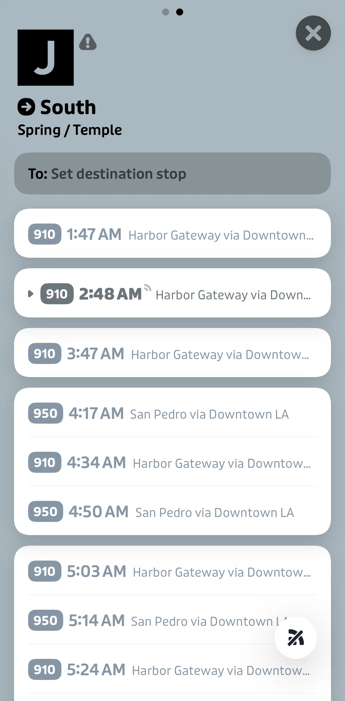 Transit Screen screen in the Adding a destination flow