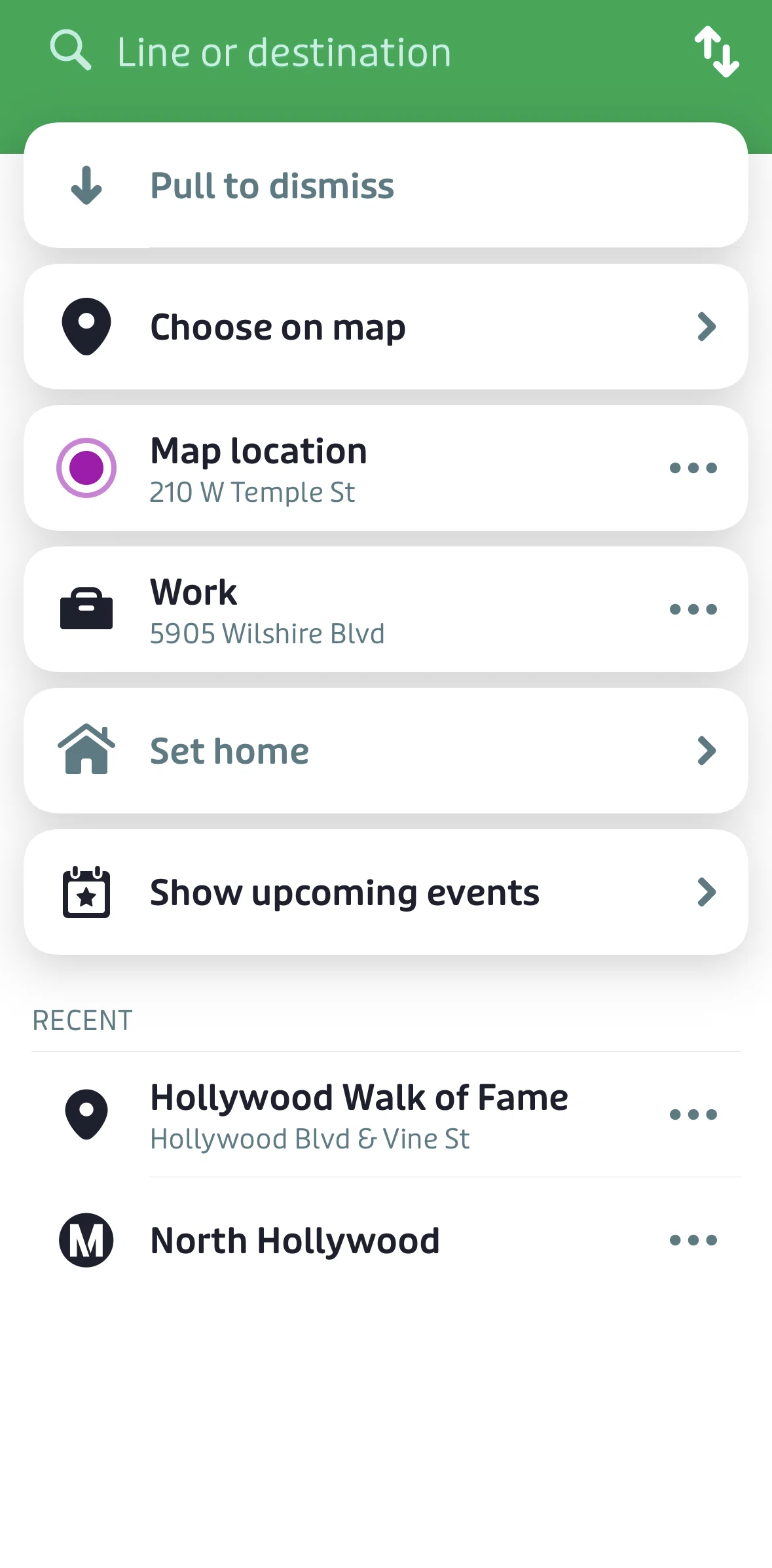 Transit Screen screen in the Deleting a location (recently searched) flow