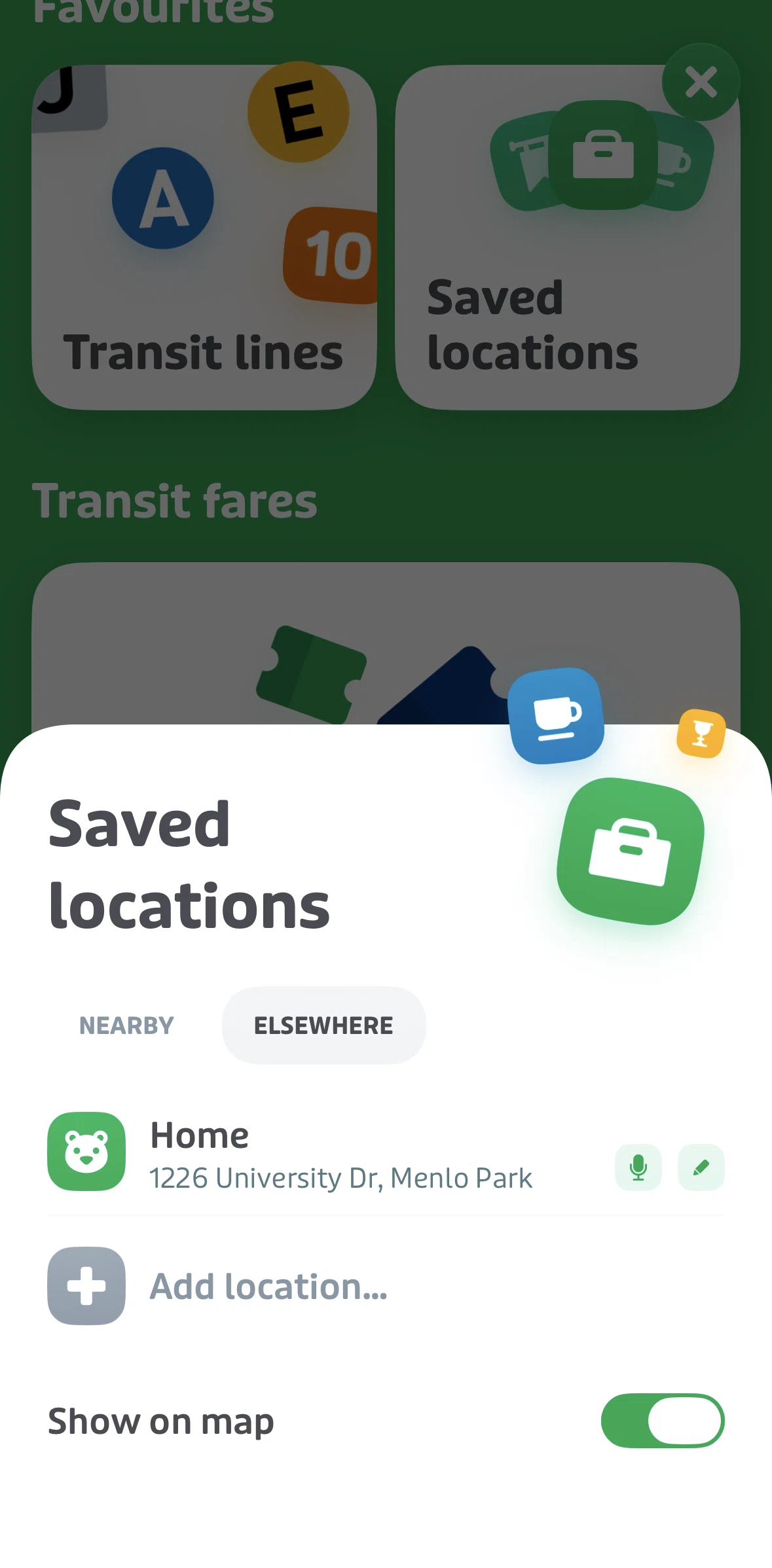 Transit Screen screen in the Editing a location flow