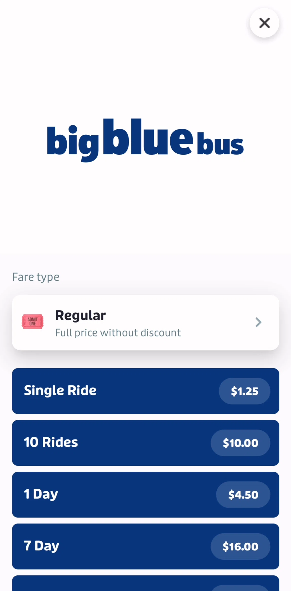 Transit Screen screen in the Selecting a fare type flow