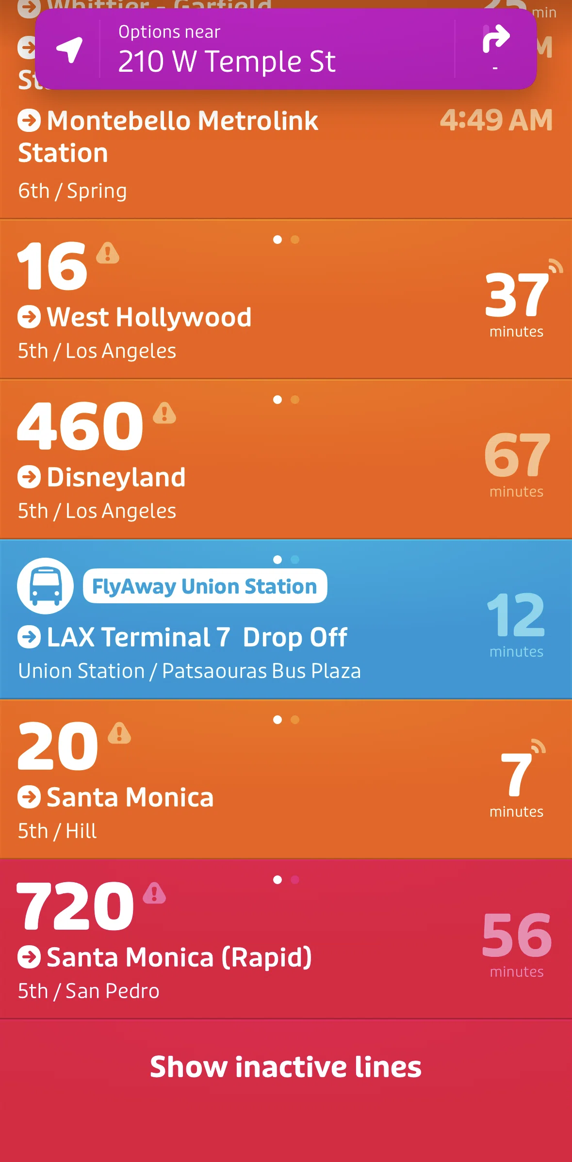 Transit Screen screen in the Showing inactive lines flow