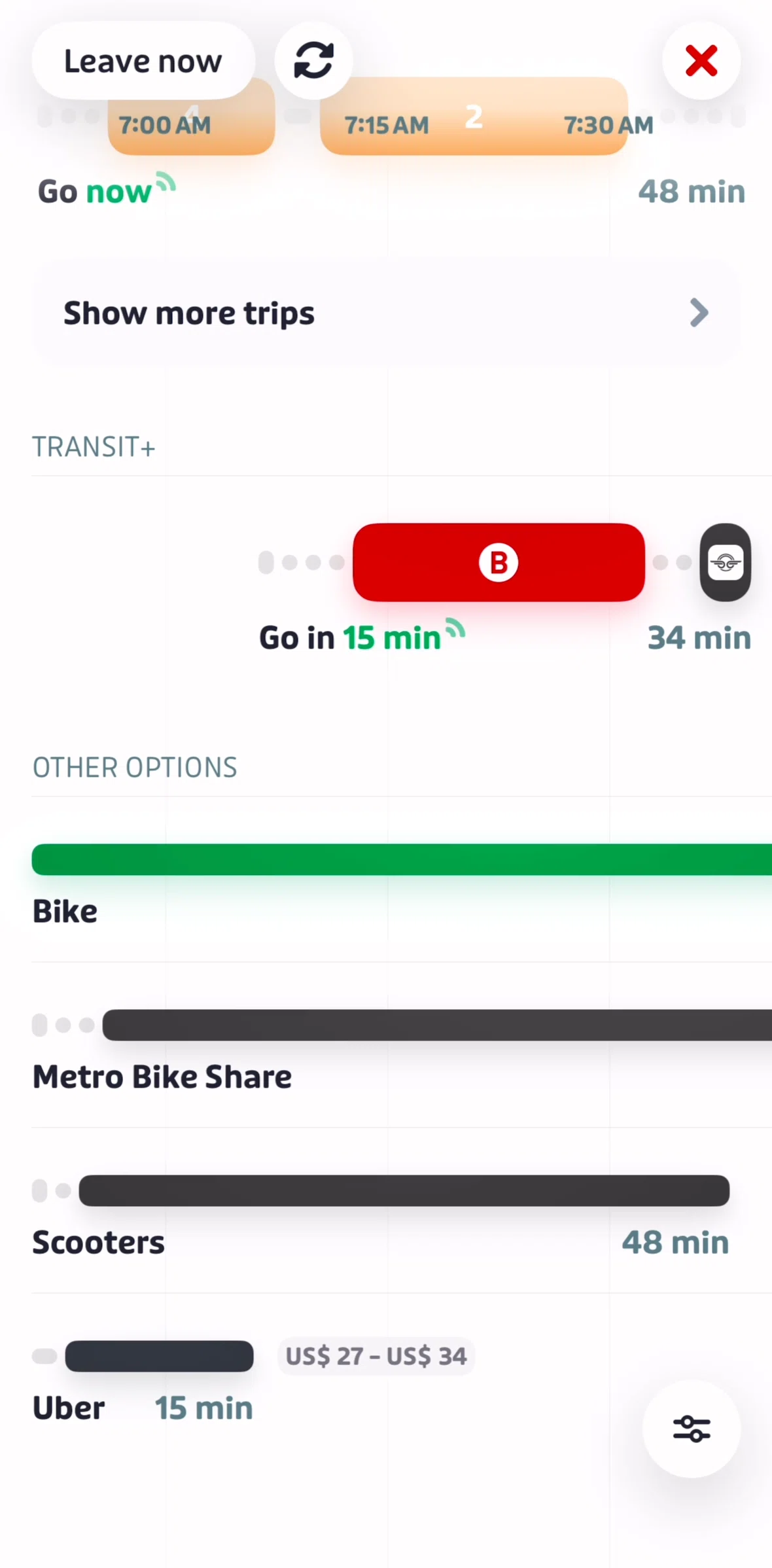 Transit Screen screen in the Trip detail (bike) flow