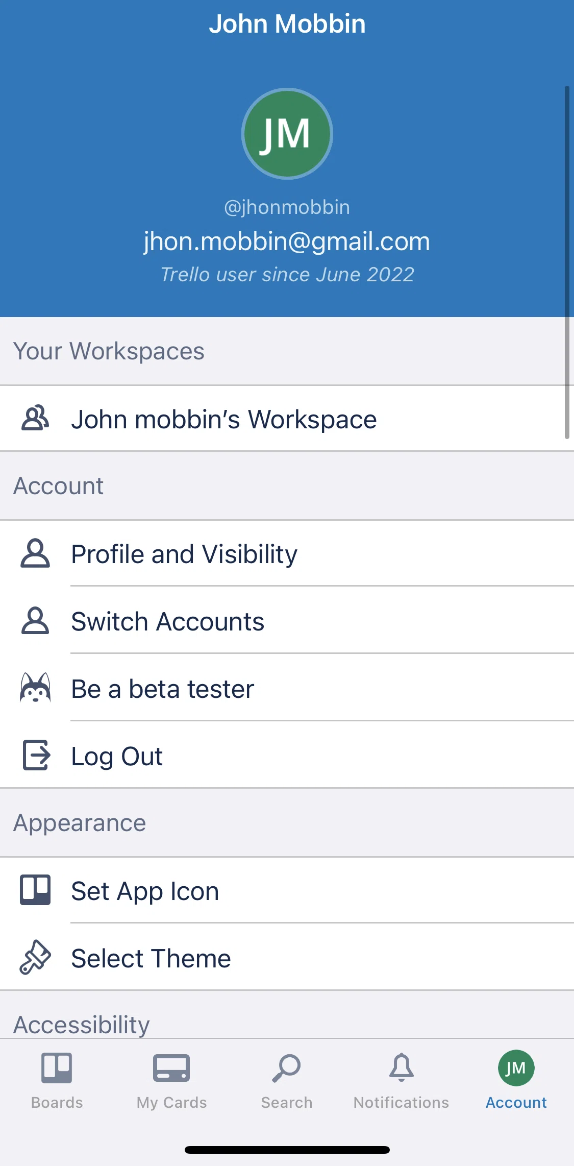 Trello Screen screen in the Changing avatar flow