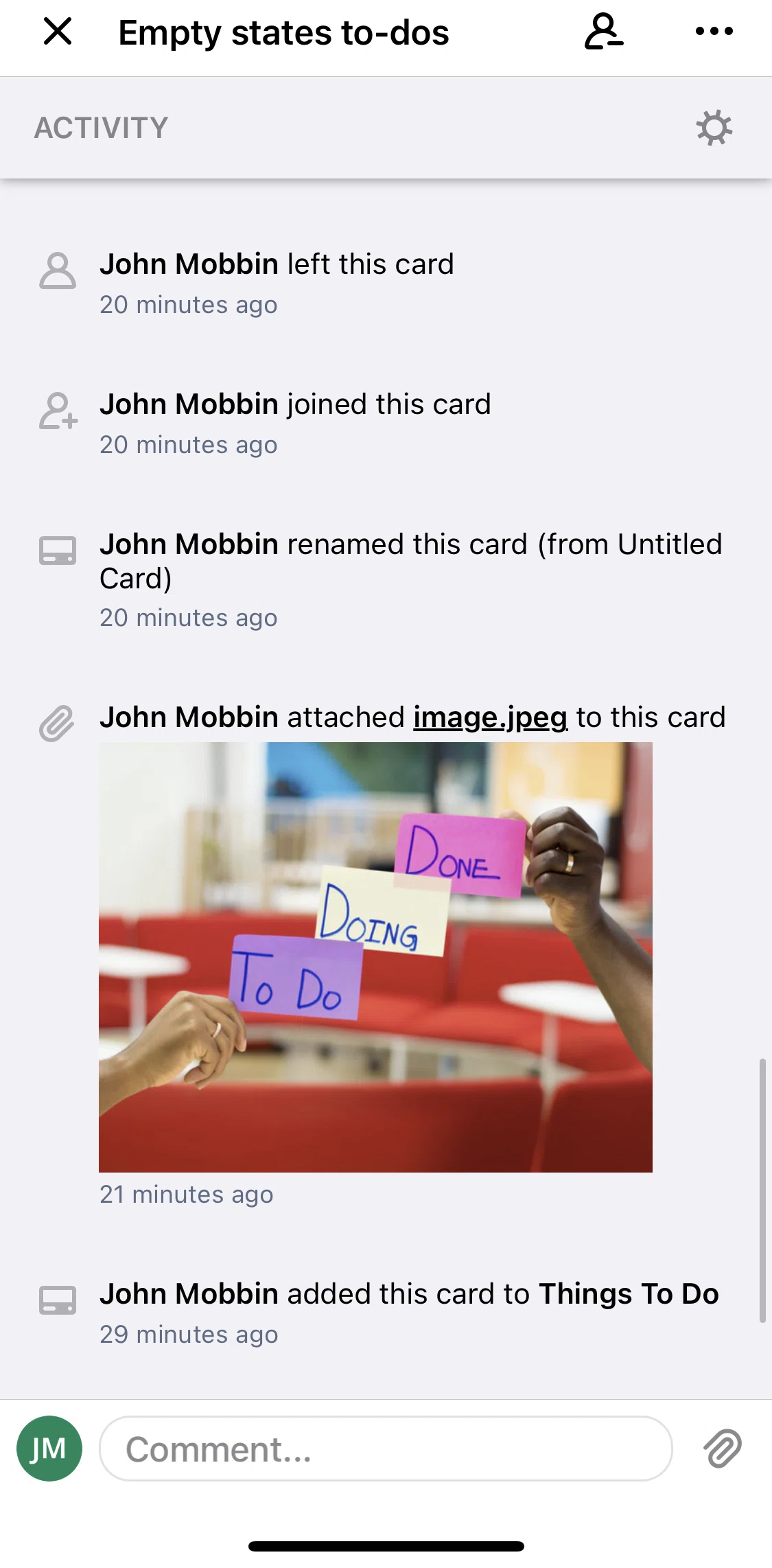 Trello Screen screen in the Commenting on a card flow