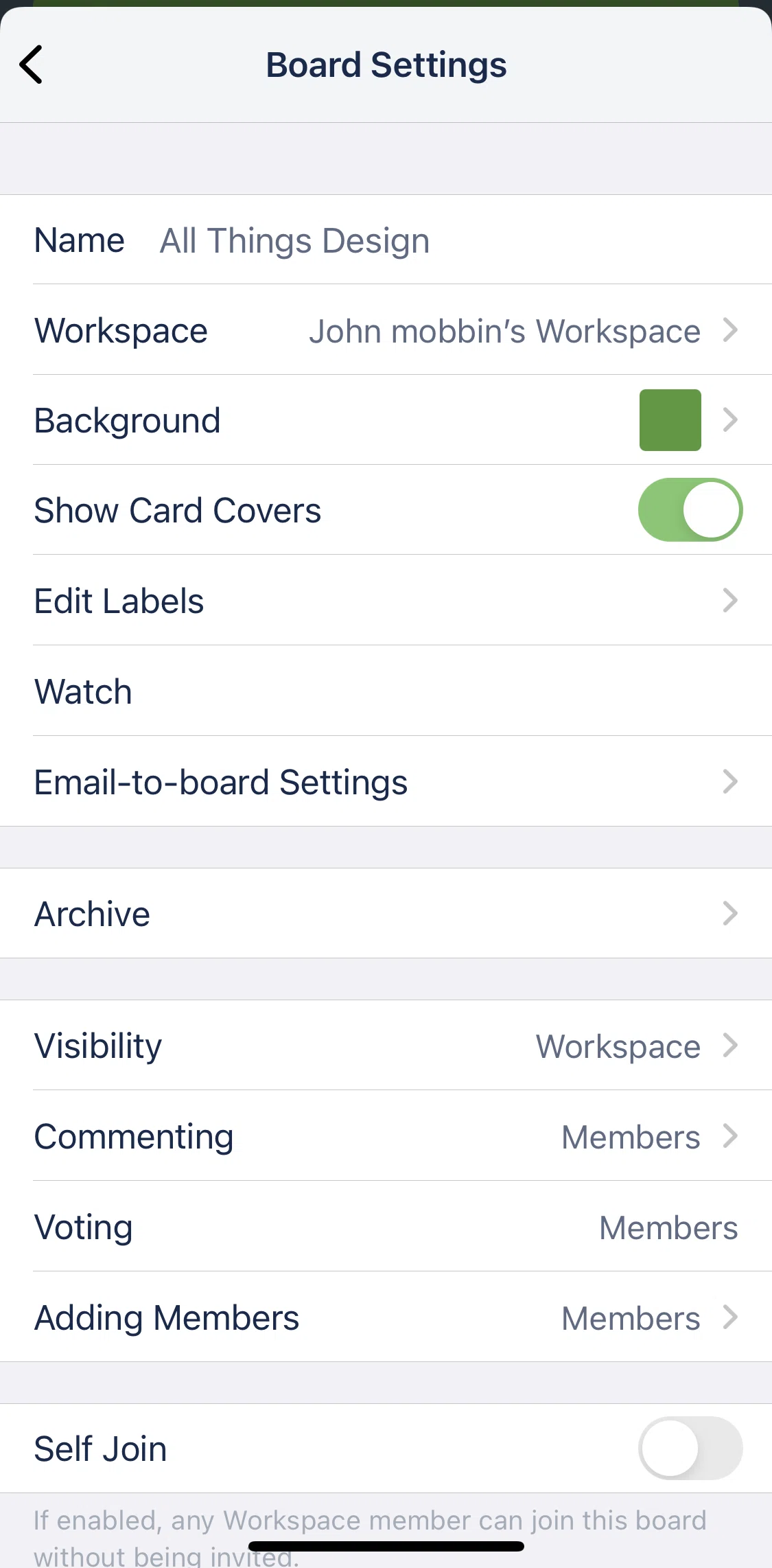 Trello Screen screen in the Setting board background flow
