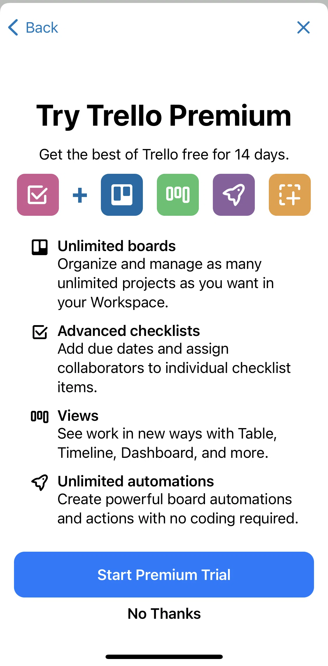 Trello Screen screen in the Starting premium trial flow