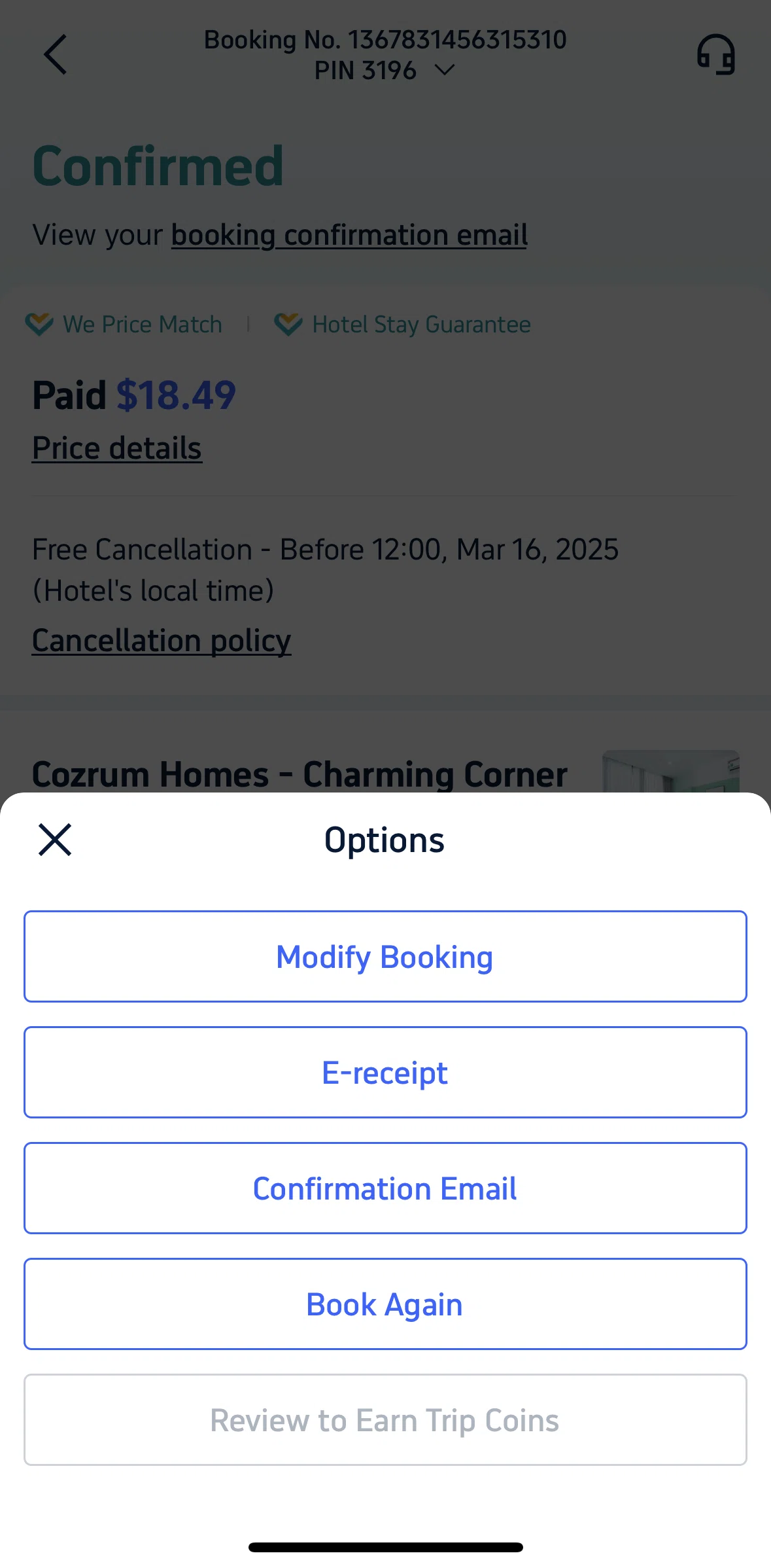 Trip.com Screen screen in the E-receipt flow