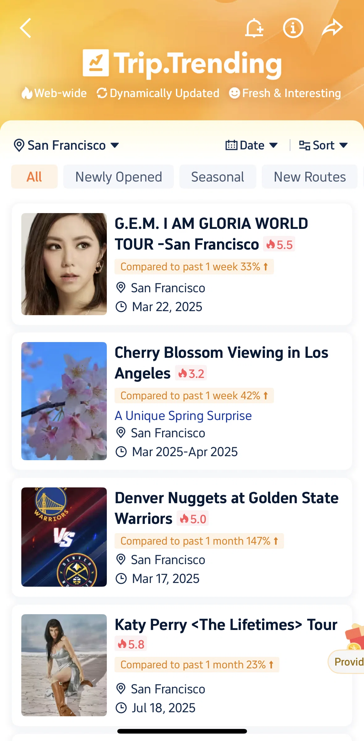 Trip.com Screen screen in the Filtering trends by date flow