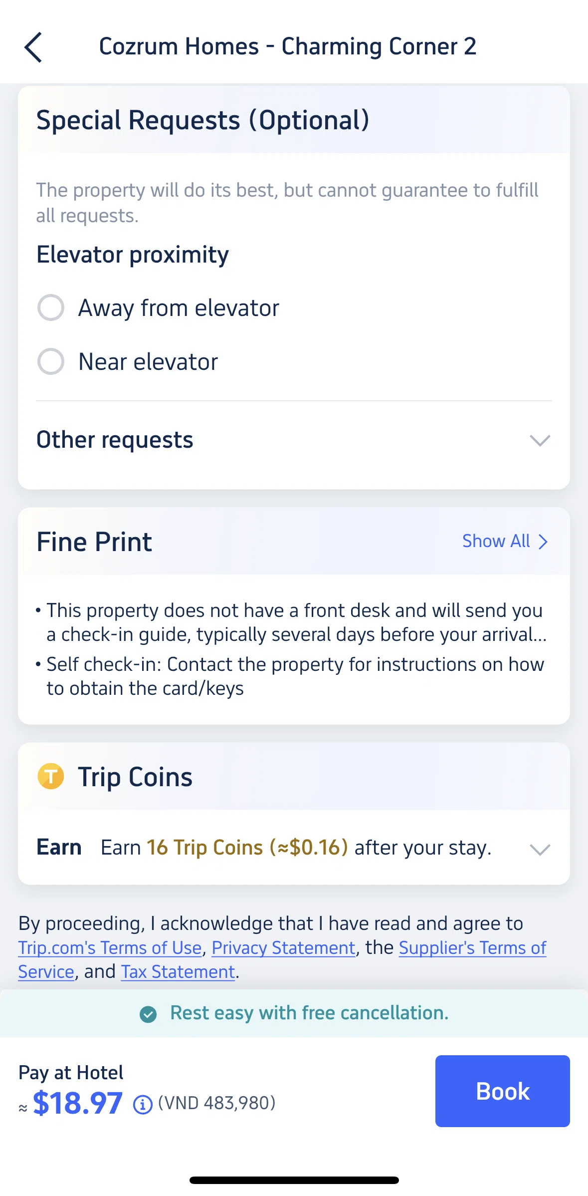 Trip.com Screen screen in the Fine print flow
