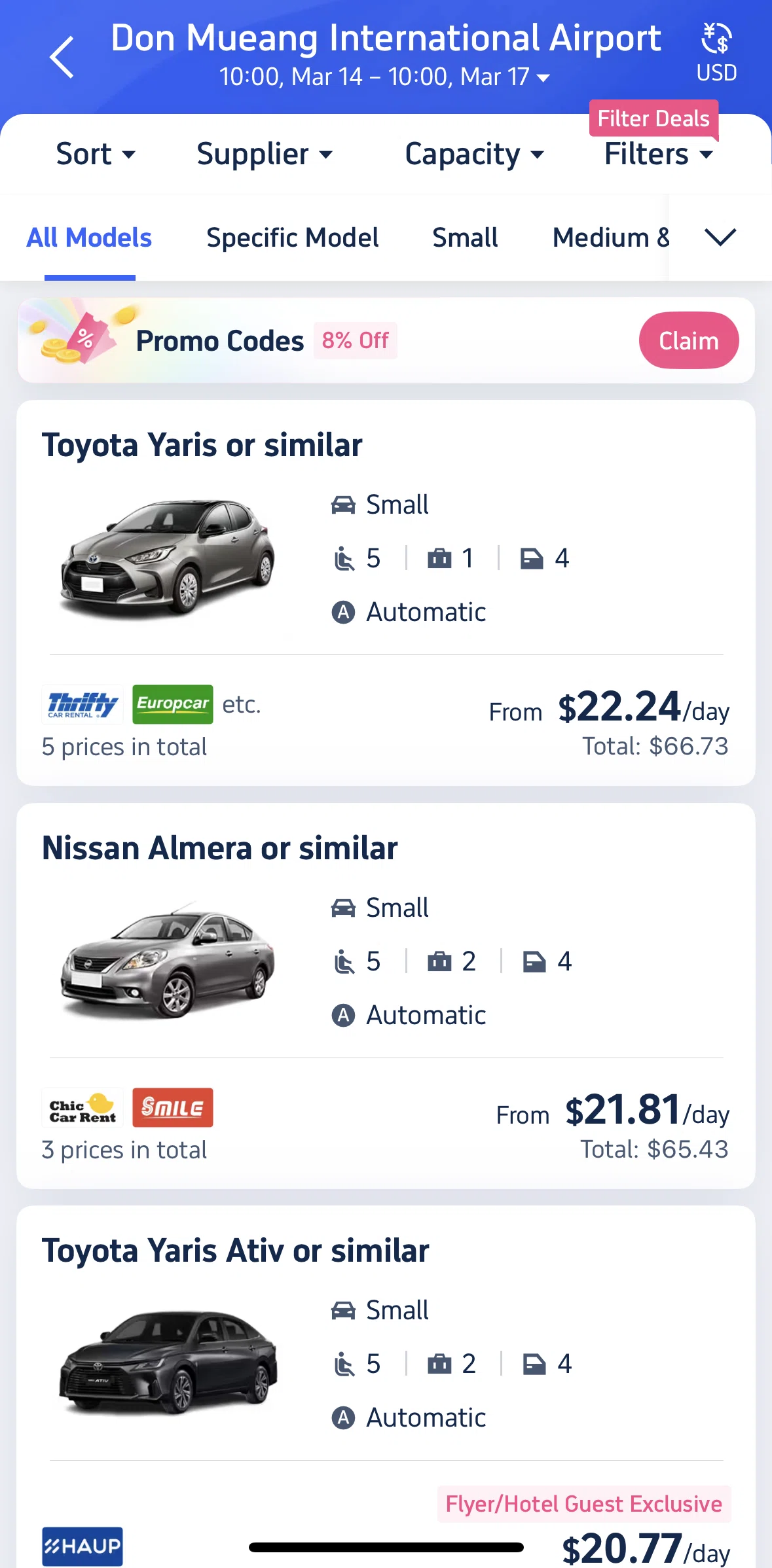 Trip.com Screen screen in the Sorting car capacity flow