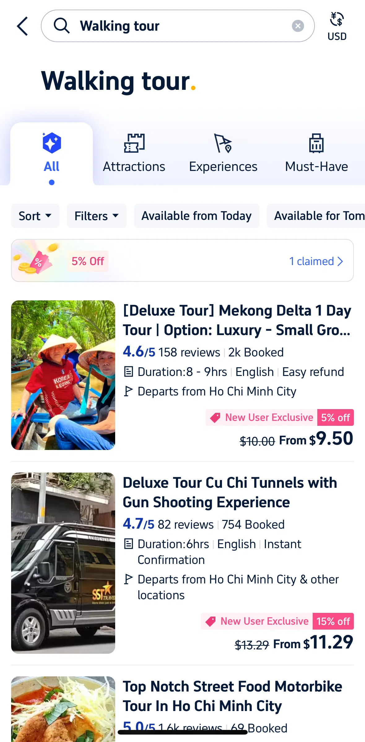 Trip.com Screen screen in the Sorting tours flow