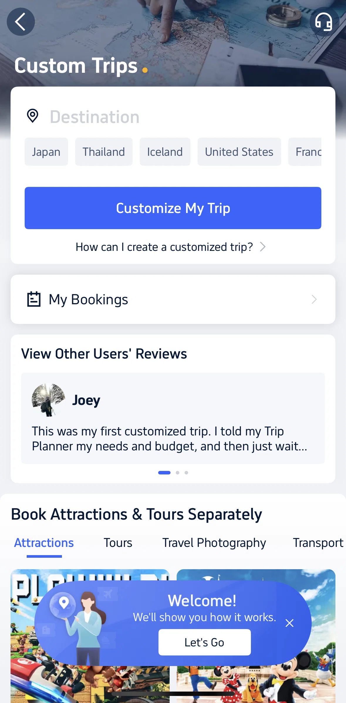 Trip.com Screen screen in the Tutorial (Custom trips) flow