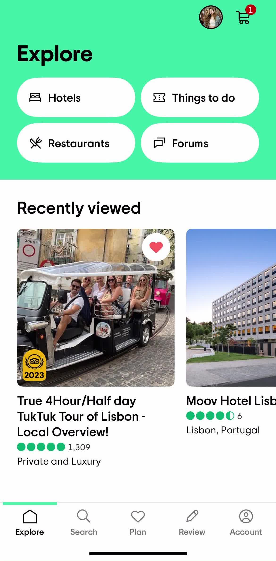 Tripadvisor Home screen in the Booking A Room flow