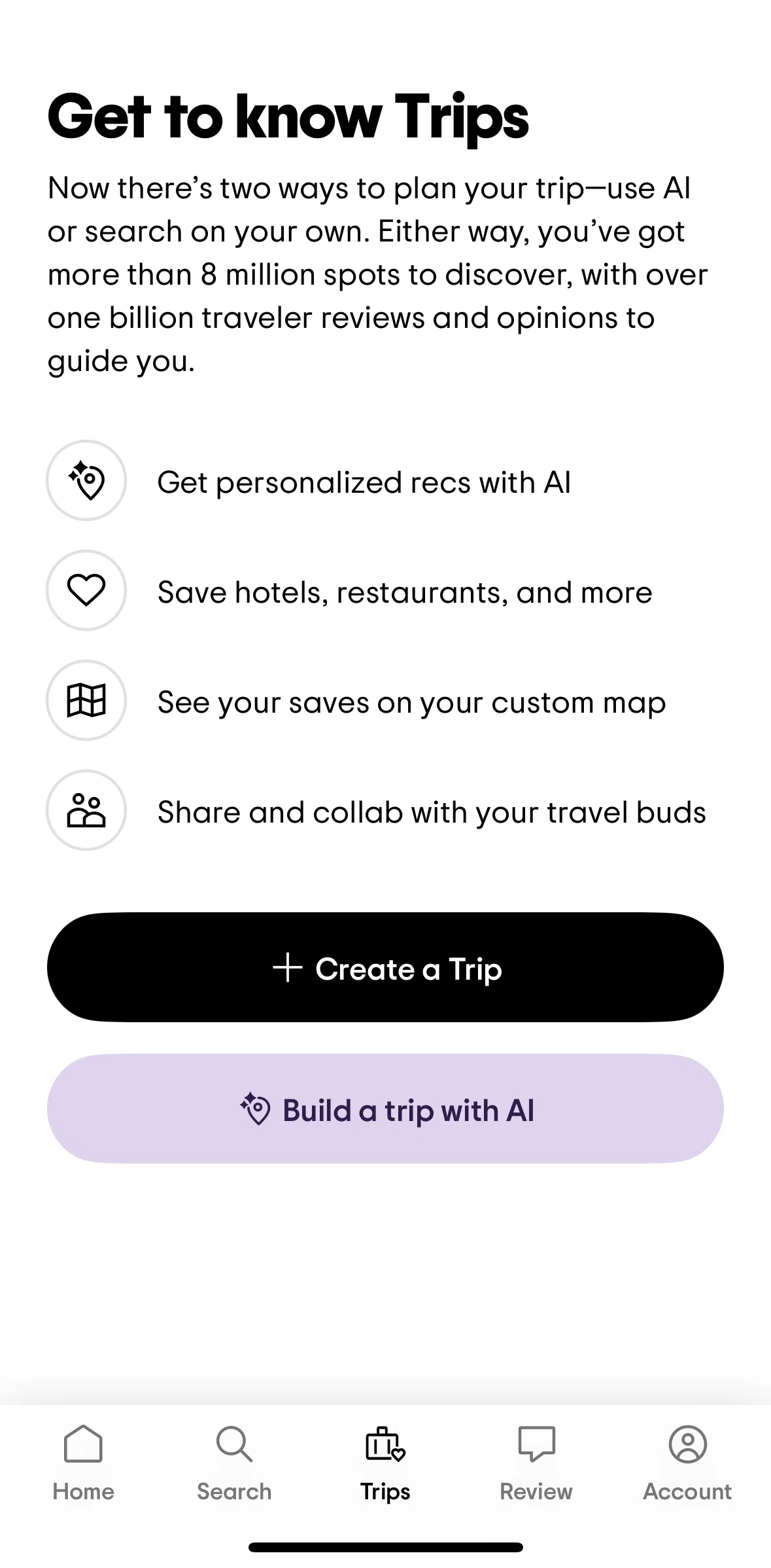 Tripadvisor Screen screen in the Creating a trip flow
