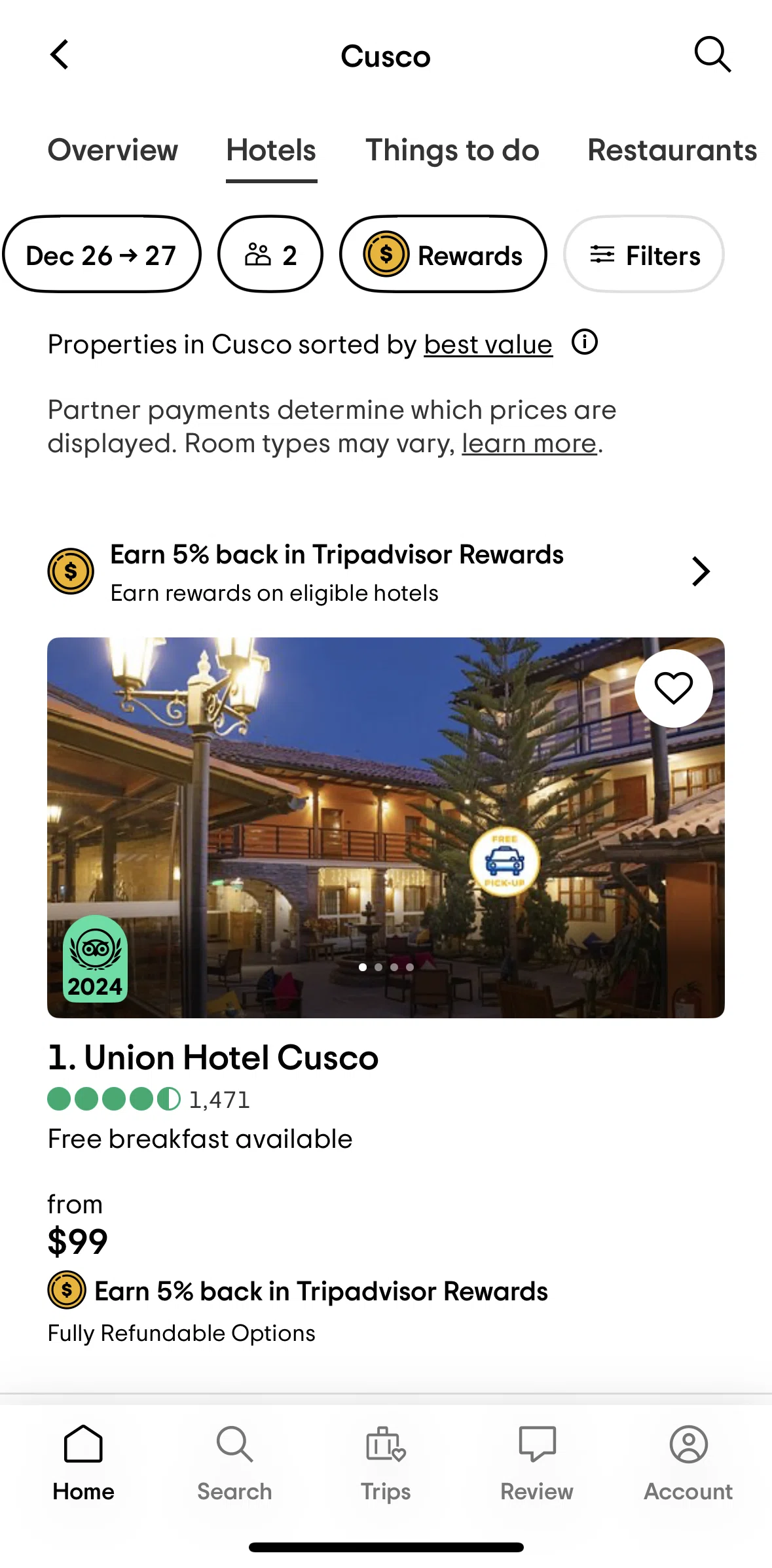 Tripadvisor Screen screen in the Filtering and sorting hotels flow
