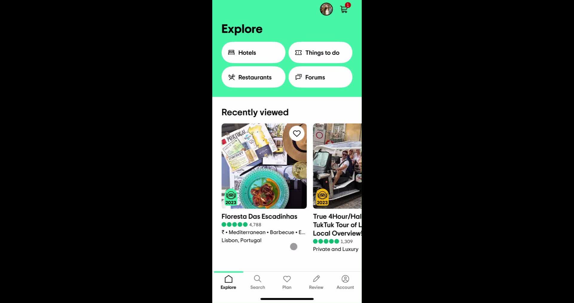 Tripadvisor Home screen in the Leaving A Review flow