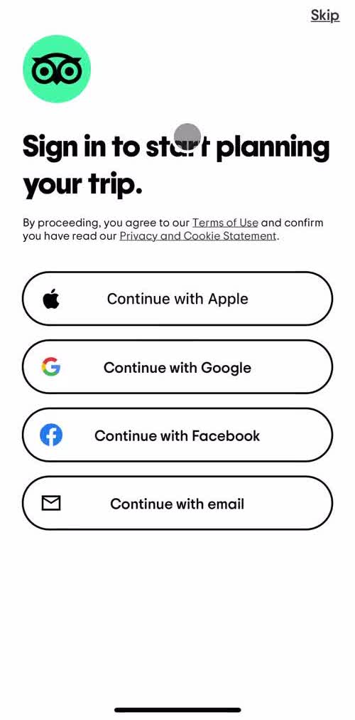 Tripadvisor Start screen screen in the Onboarding flow