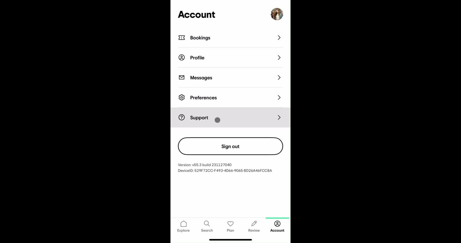 Tripadvisor Account screen in the Support flow