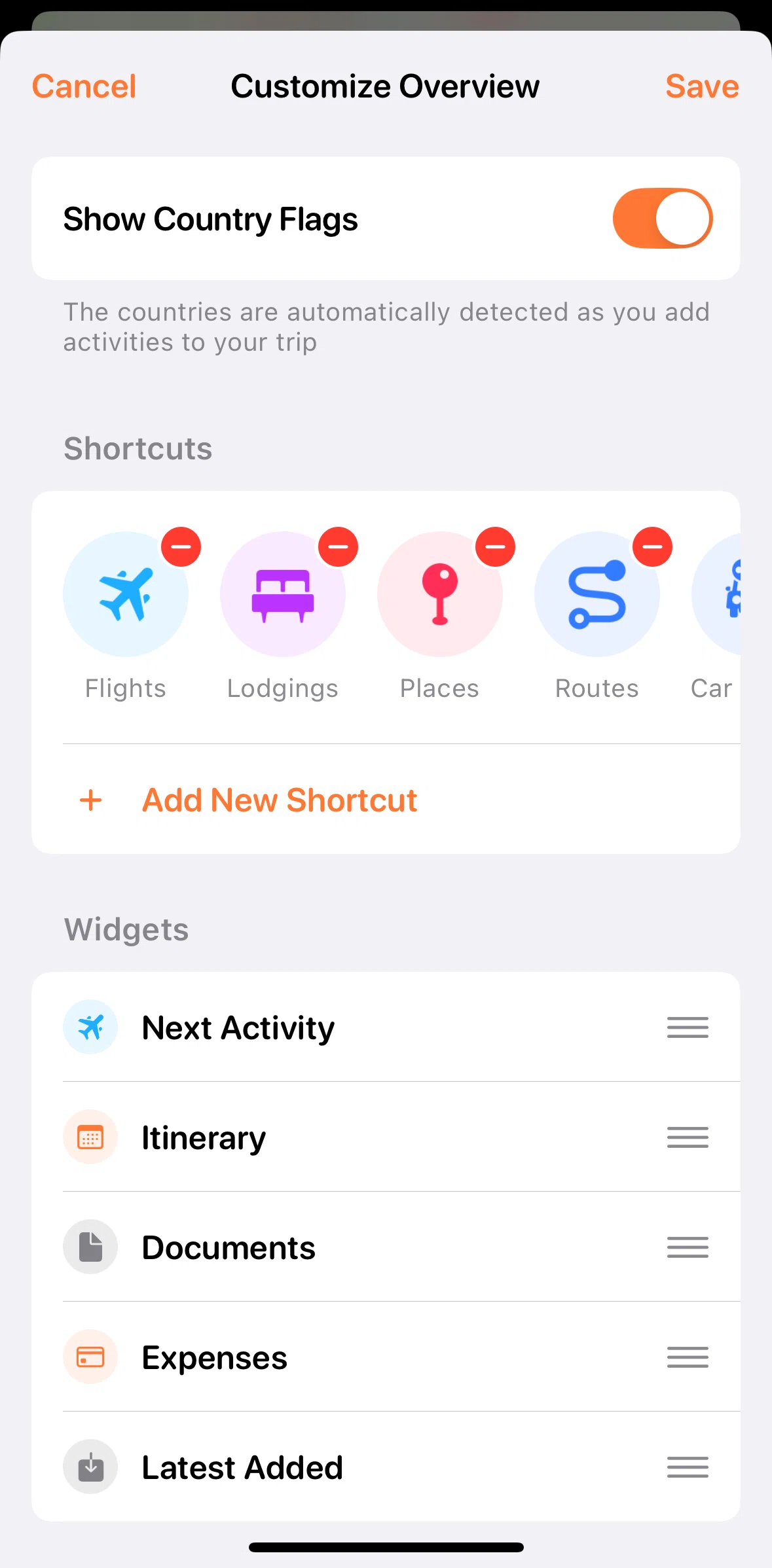 Tripsy Screen screen in the Adding a new shortcut flow