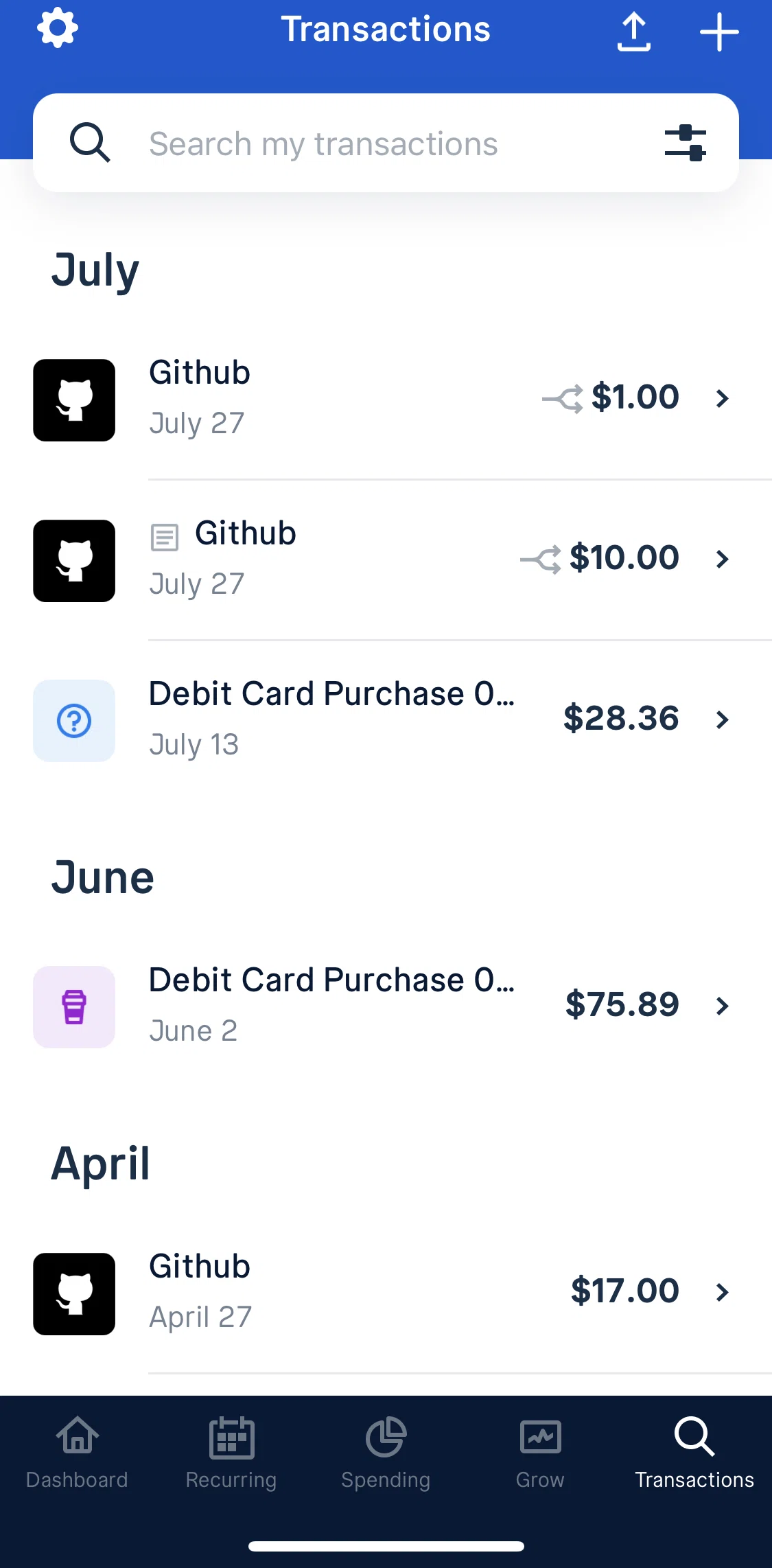 Truebill Screen screen in the Adding a spend transaction flow