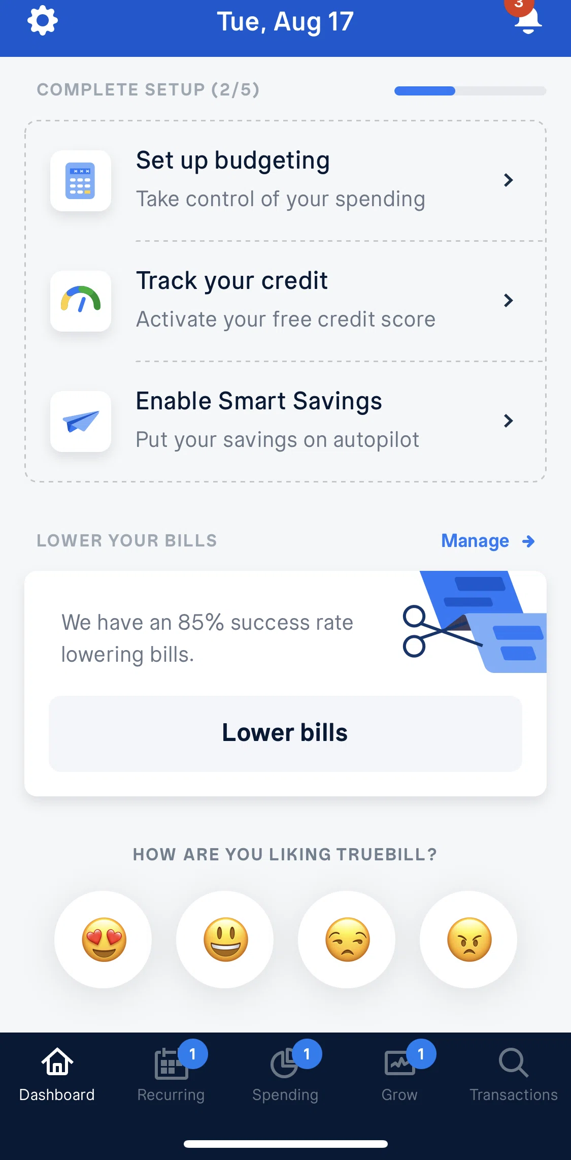 Truebill Screen screen in the Creating a budget flow