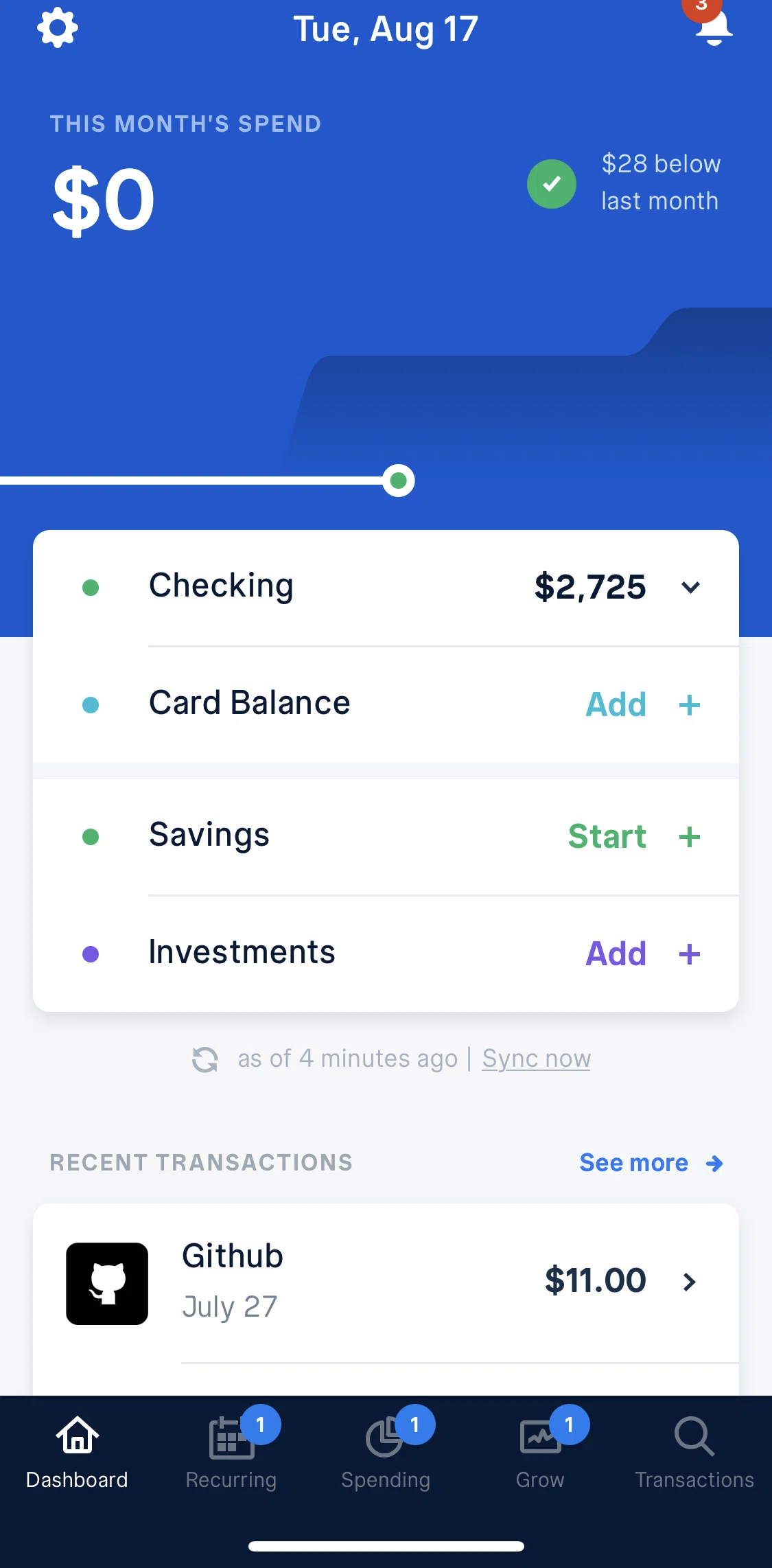 Truebill Screen screen in the Dashboard flow