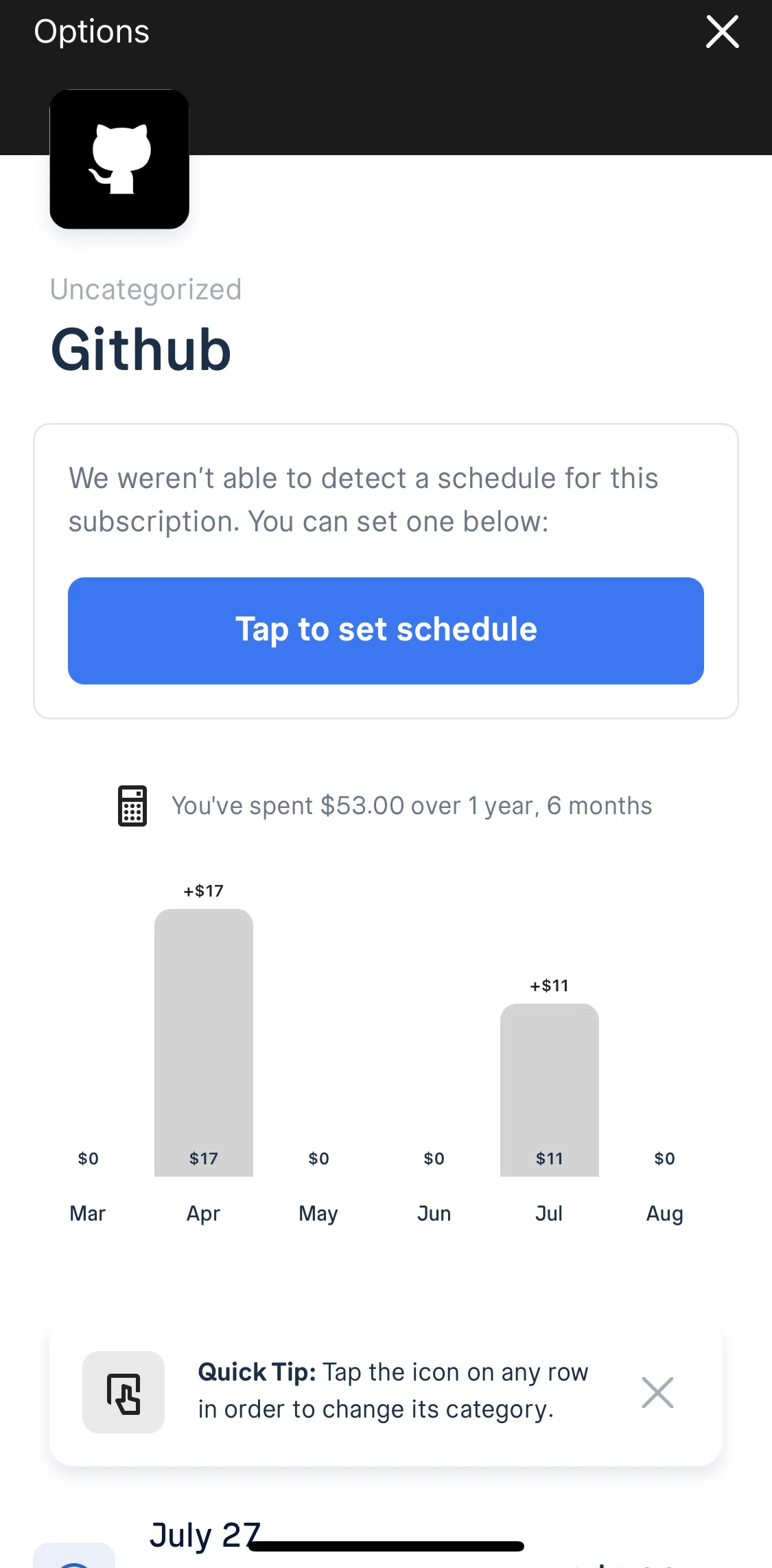 Truebill Screen screen in the Editing subscription details flow